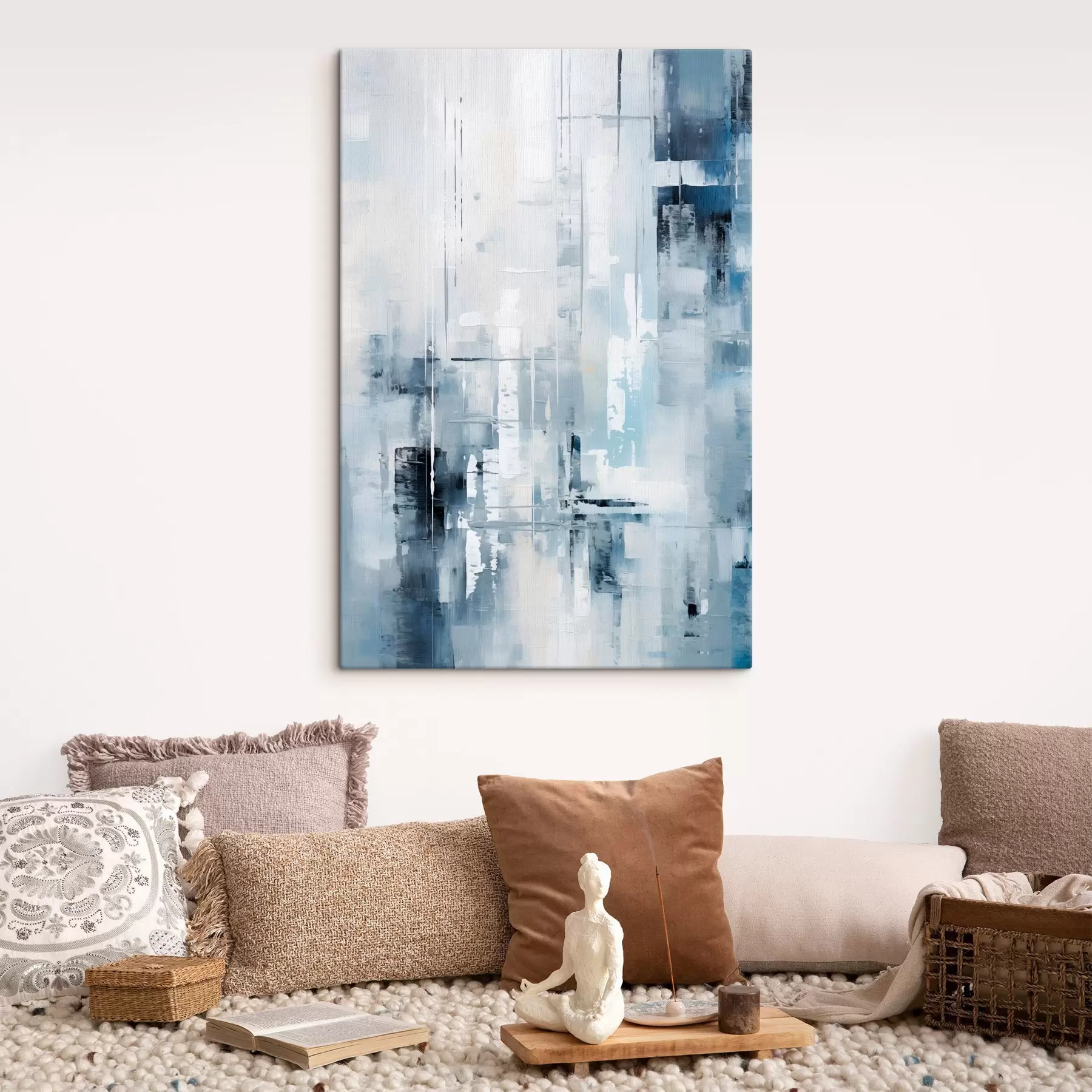 Paveikslėlis Abstraktaus tapybos imitacija mėlyna, pilka ir balta spalvomis, vertikaliomis linijomis ir geometrinėmis formomis s45927