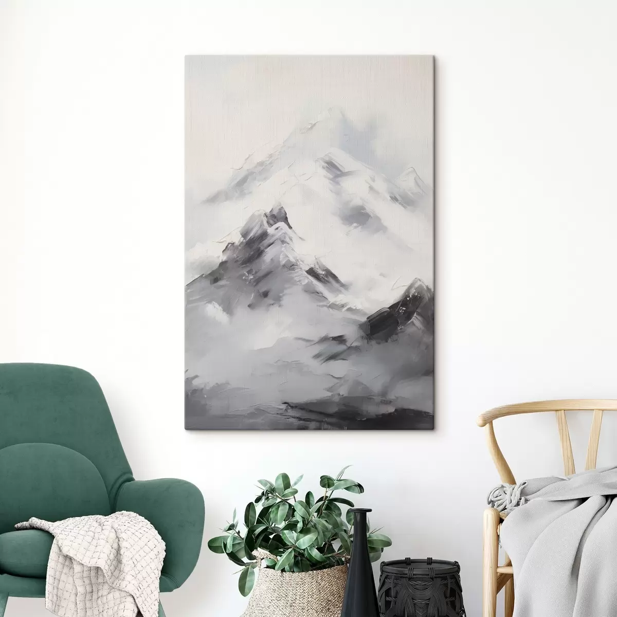 Paveikslėlis Snieguotos kalnų viršūnės su pilkomis šešėlėmis, pilkas dangus, teptuko potėpiai, tekstūruotas, minimalistinis s45933