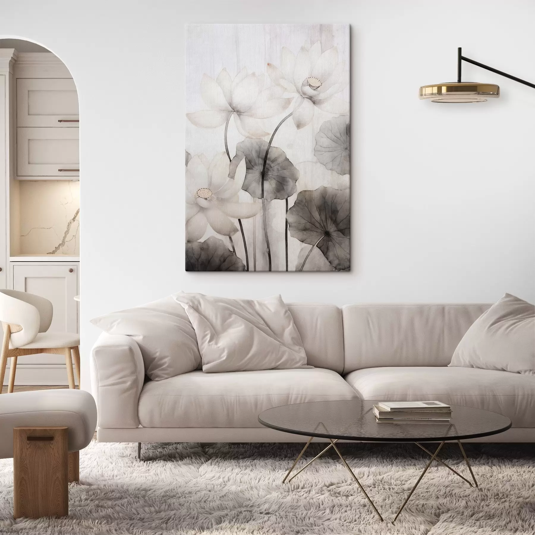 Paveikslėlis Balta tekstūruota lotoso gėlė su tamsiais lapais, šviesus fonas, minimalistinis dizainas s45937