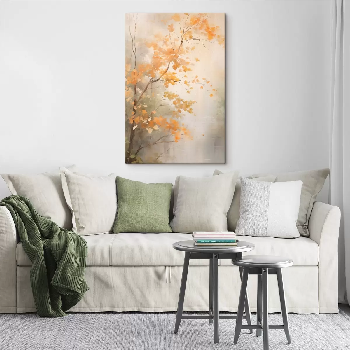 Paveikslėlis Rudens medžių šakos su oranžiniais lapais miške su švelniu apšvietimu s45940