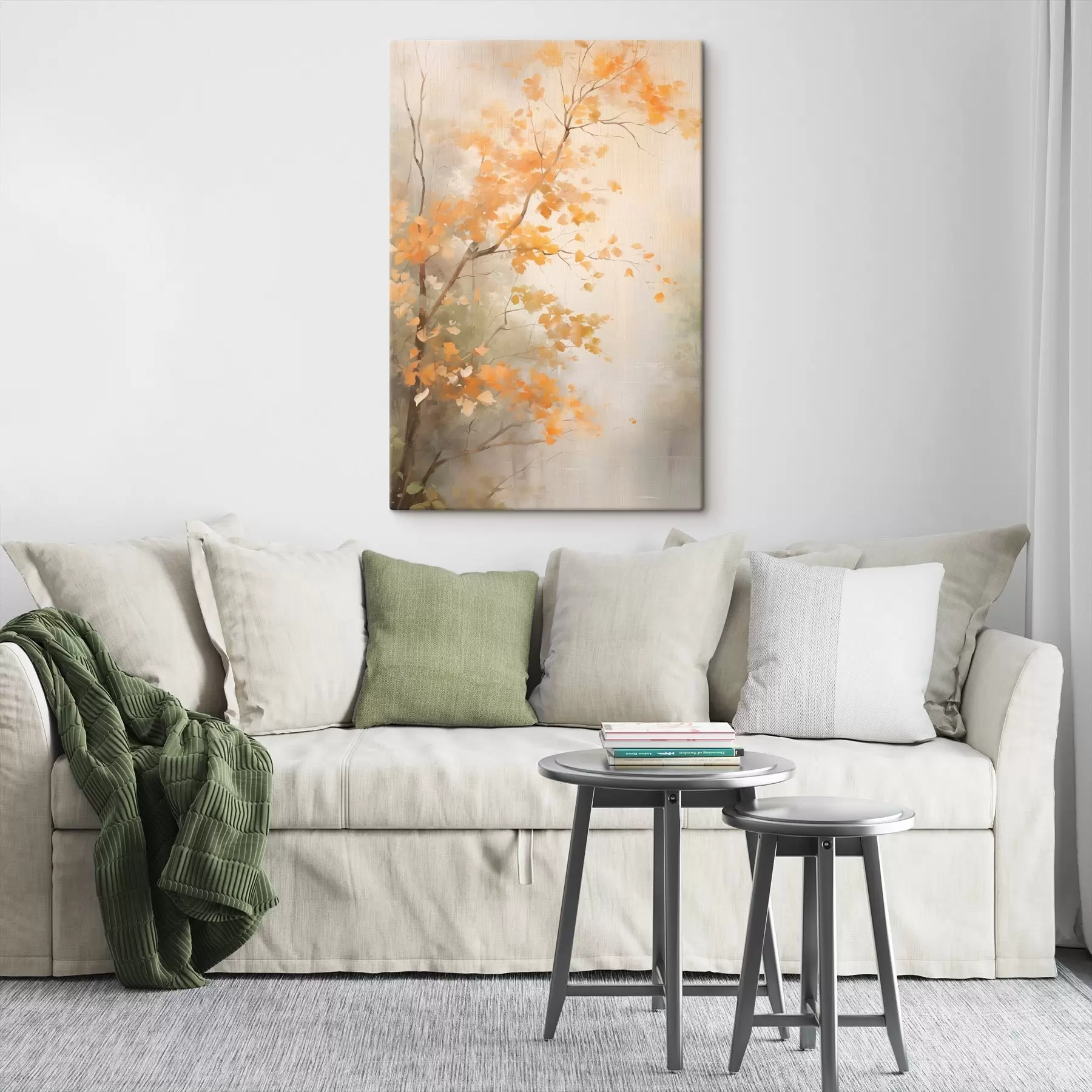 Paveikslėlis Rudens medžių šakos su oranžiniais lapais miške su švelniu apšvietimu s45940