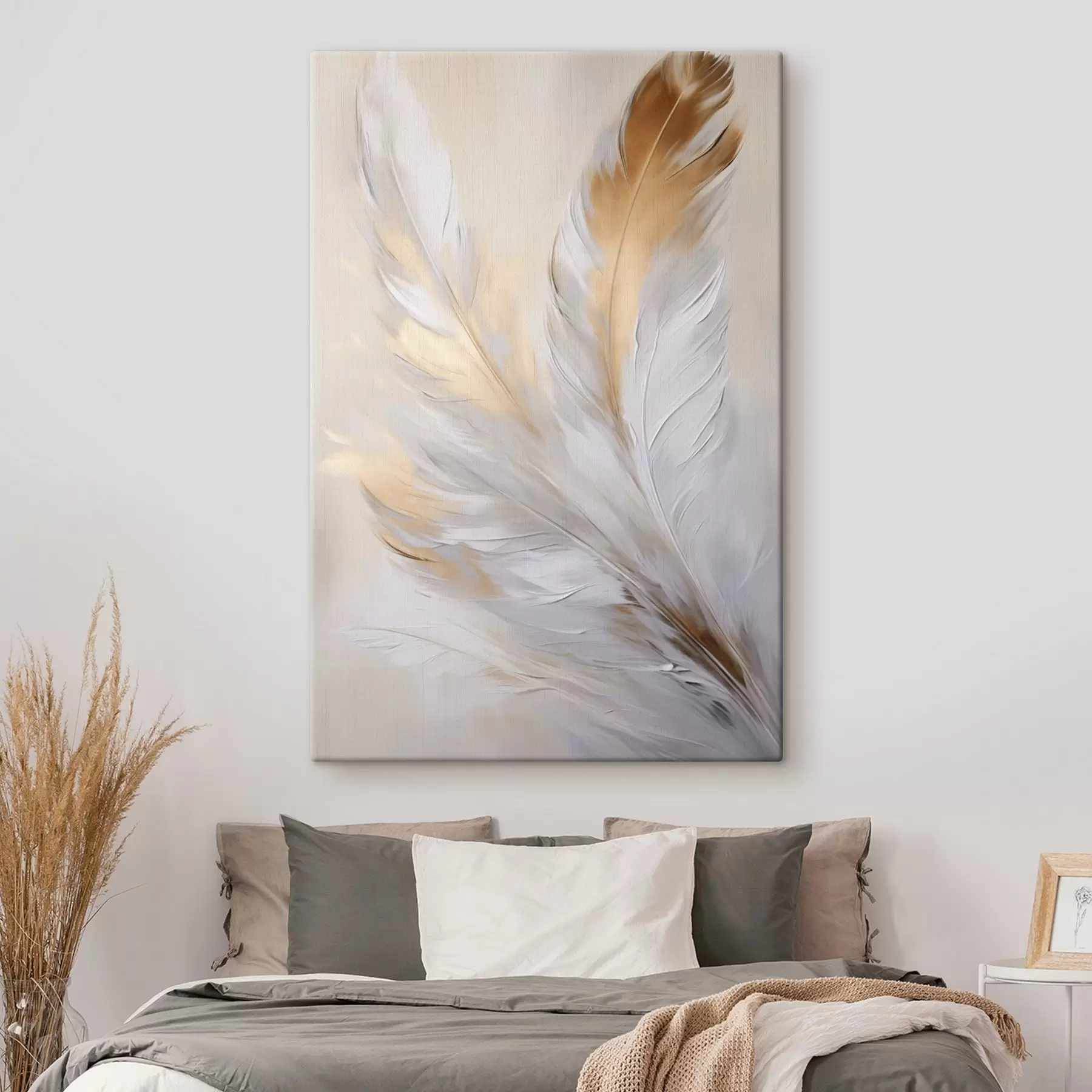 Paveikslėlis Plunksnos su oranžiniais akcentais, švelnus apšvietimas, tekstūruota minimalistinė kompozicija, šiuolaikinis menas s45944