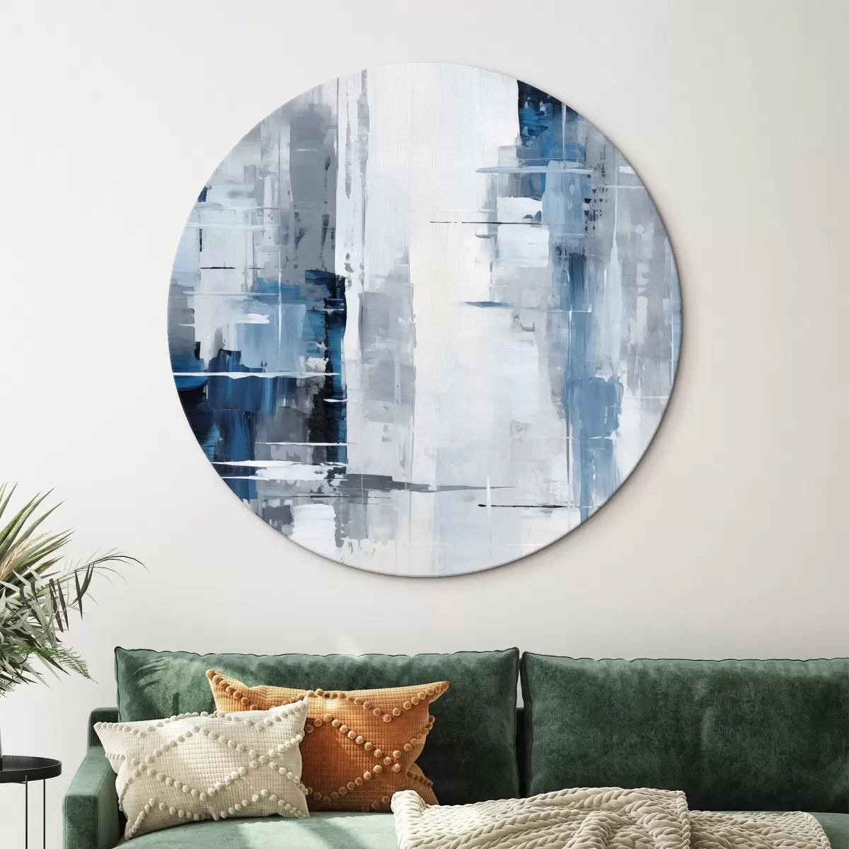Apvalūs paveikslai Abstraktaus tapybos imitacija mėlyna, pilka ir balta spalvomis, vertikaliomis linijomis ir geometrinėmis formomis r45926