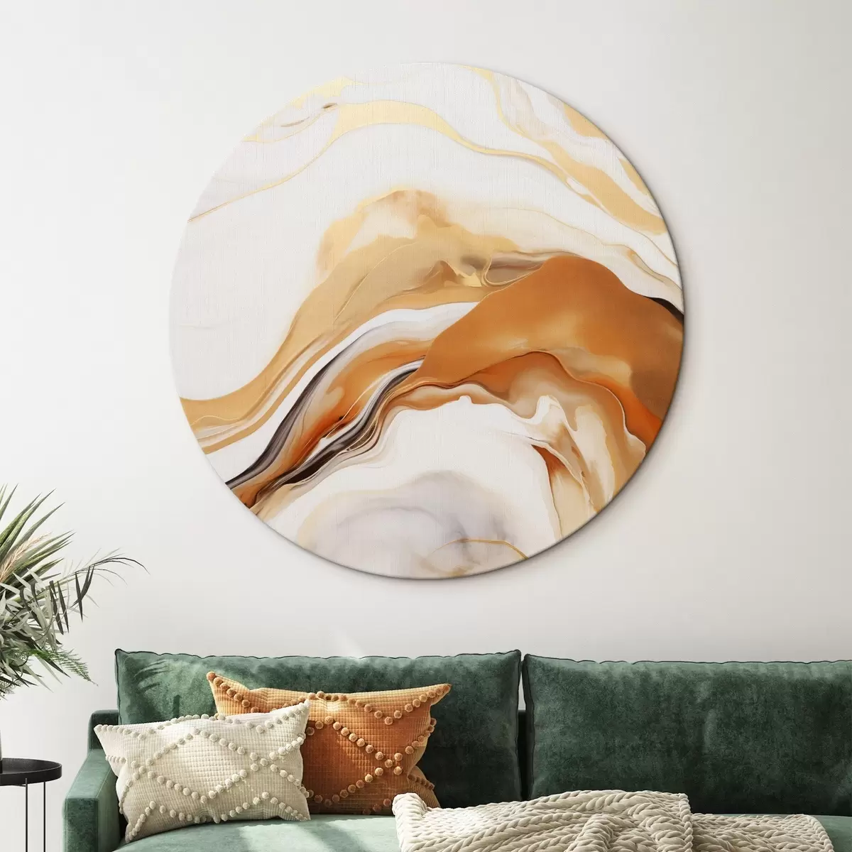 Apvalūs paveikslai Abstraktaus tapybos imitacija su sklandžiomis formomis balto, oranžinio ir rudo atspalvių, minimalistinė r45938