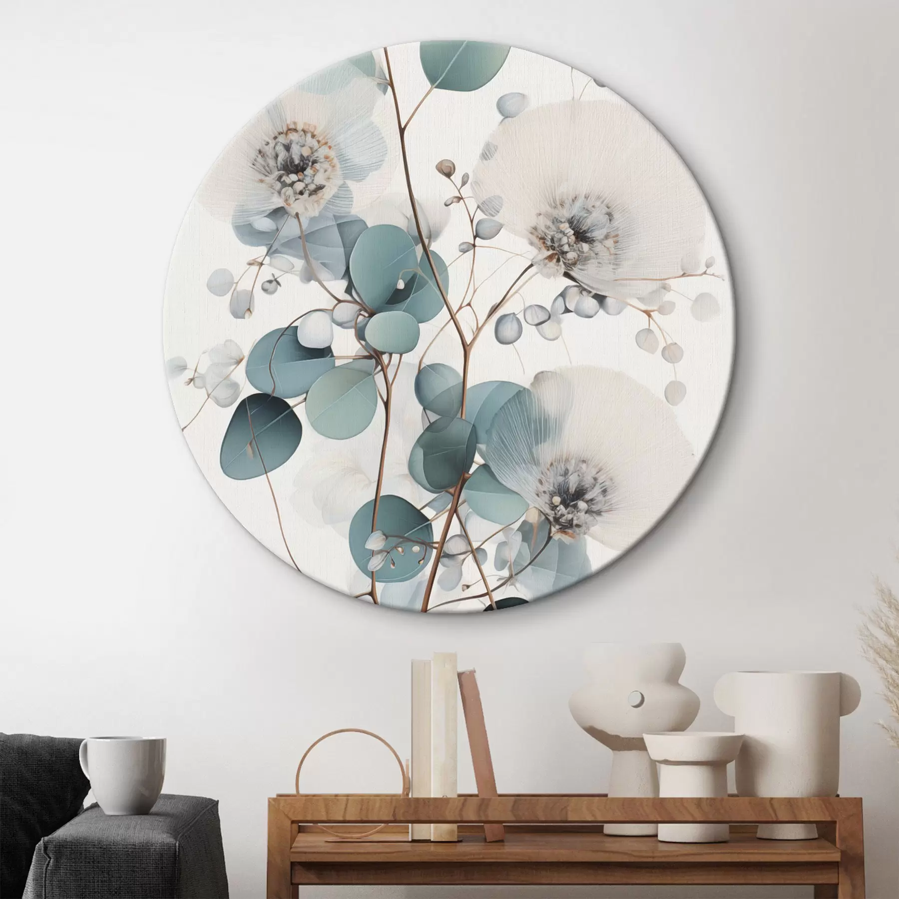 Paveikslėlis Eukalipto abstrakčios gėlės su baltais žiedlapiais, švelniai žalios lapai ant šakų r45946