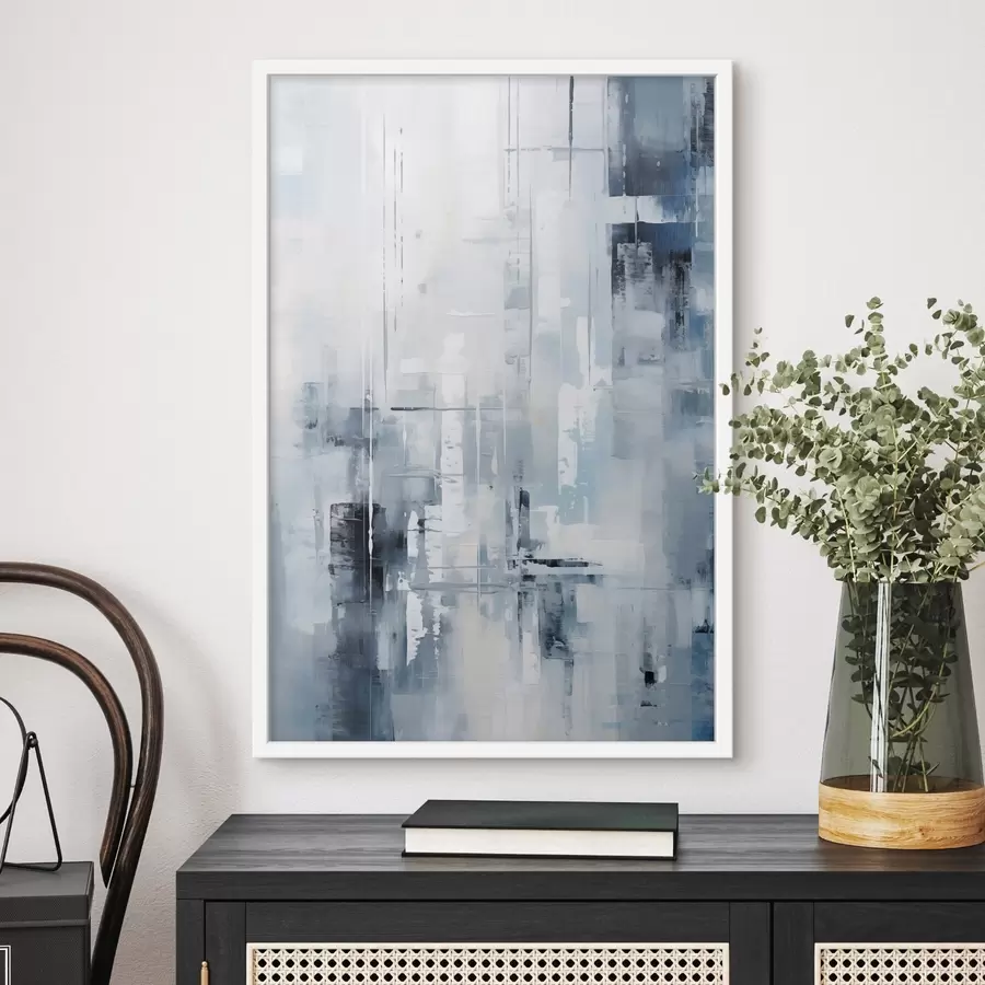 Fototapetai Abstraktaus tapybos imitacija mėlyna, pilka ir balta spalvomis, vertikaliomis linijomis ir geometrinėmis formomis f45927
