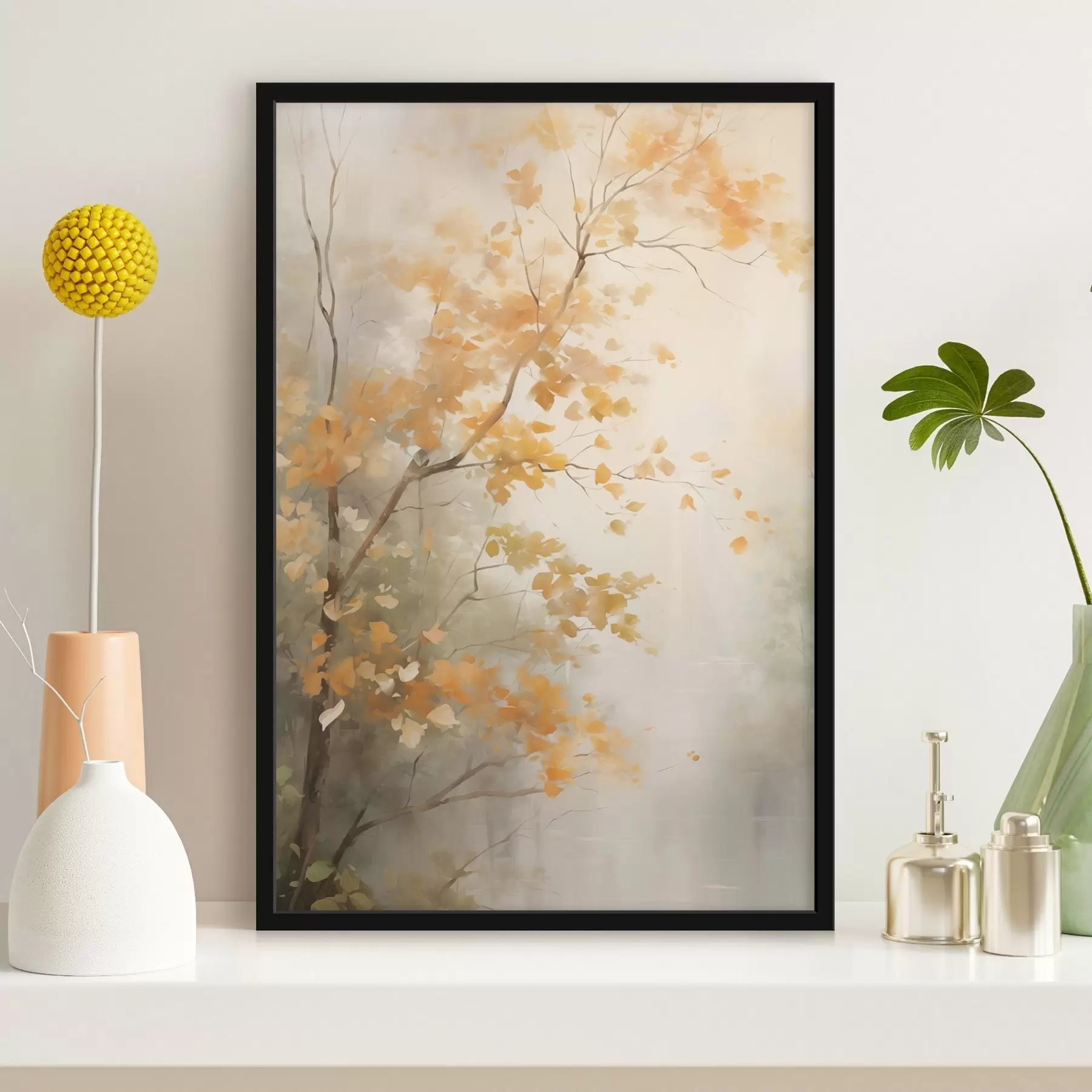 Fototapetai Rudens medžių šakos su oranžiniais lapais miške su švelniu apšvietimu f45940