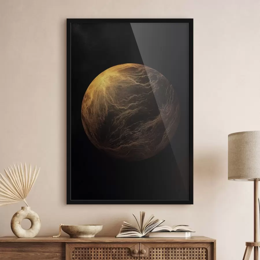 Fototapetai Abstraktaus planetos su oranžinėmis gyslomis juodame kosmoso fone, modernus minimalistinis menas f45943
