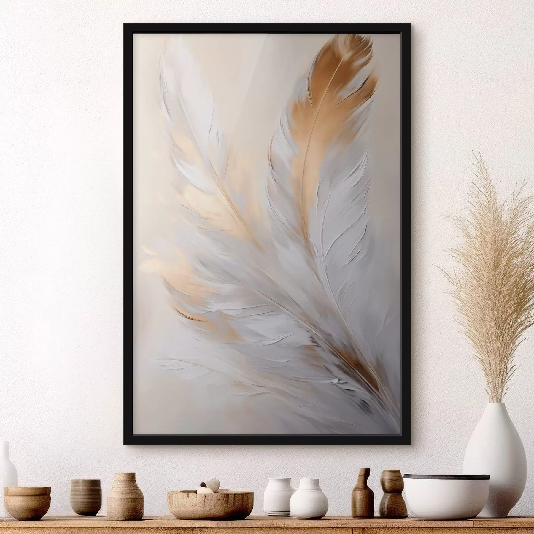 Fototapetai Plunksnos su oranžiniais akcentais, švelnus apšvietimas, tekstūruota minimalistinė kompozicija, šiuolaikinis menas f45944