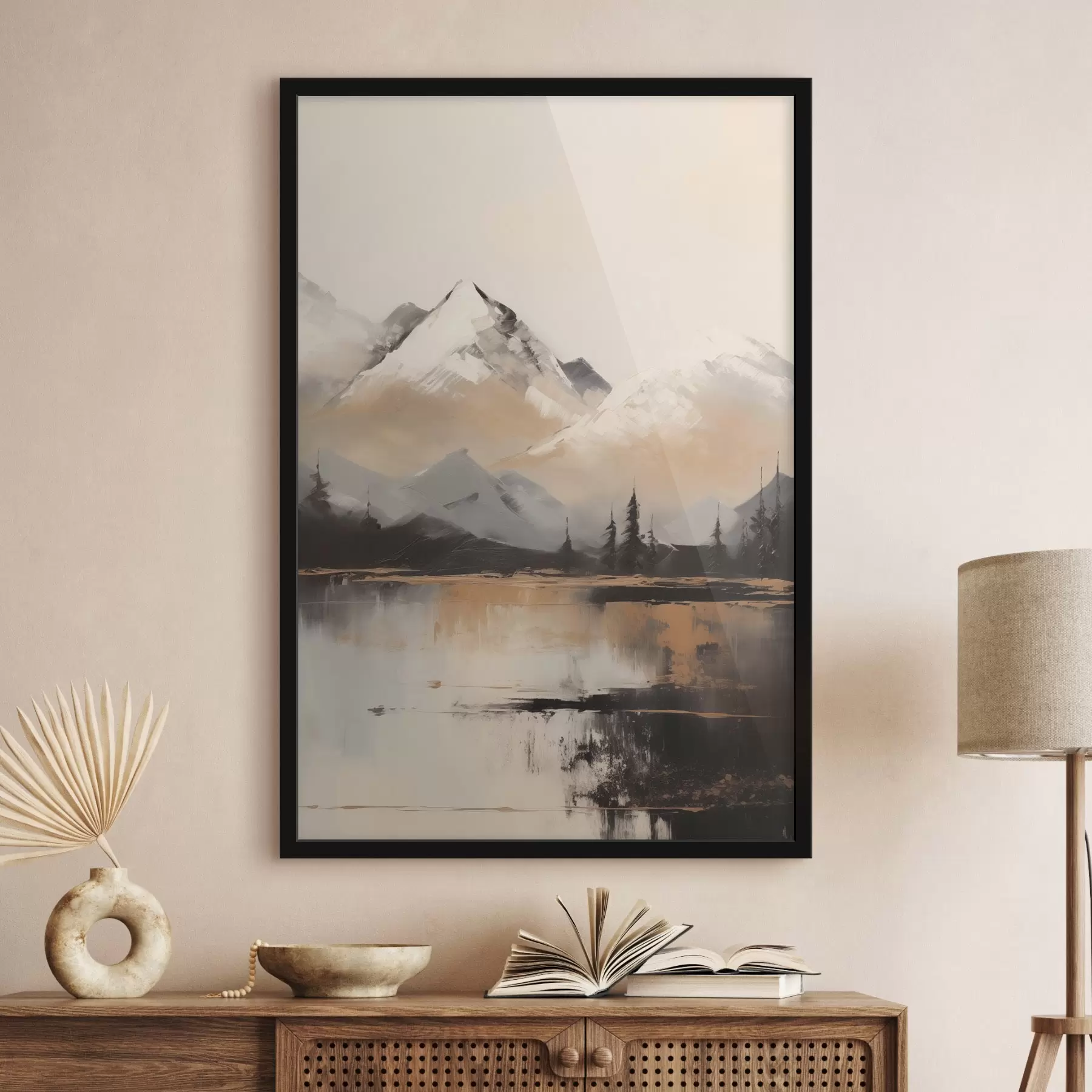 Fototapetai Snieguotos tekstūros kalnai su keliais medžiais priešais ežerą f45951