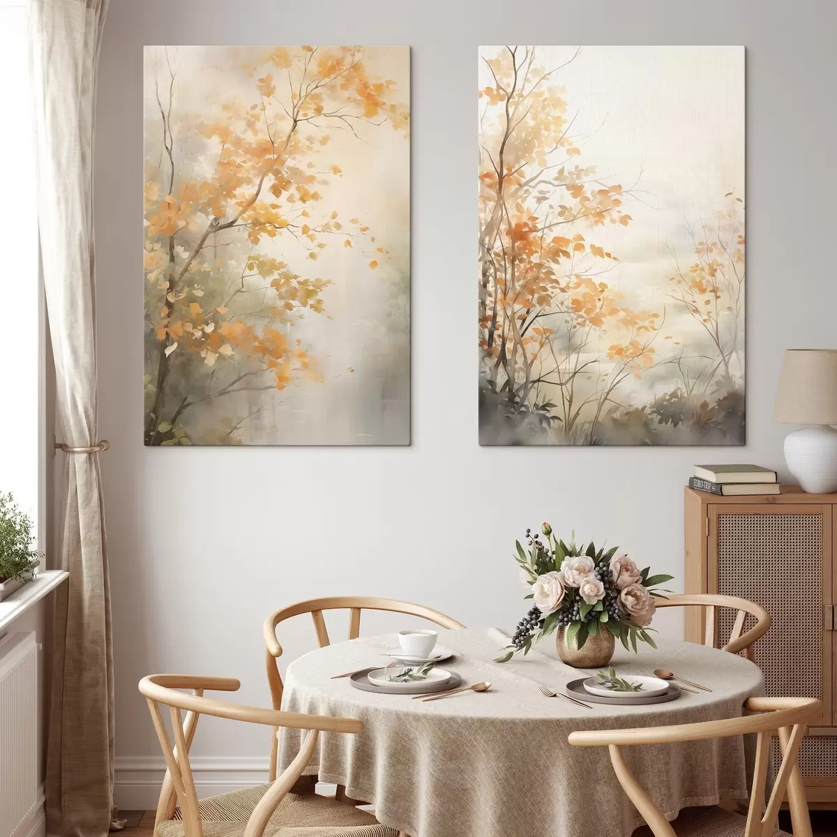 Paveikslėlis Rudens medžiai su oranžiniais lapais ir šakomis, švelnus akvarelės stilius, subtilūs potėpiai m00826