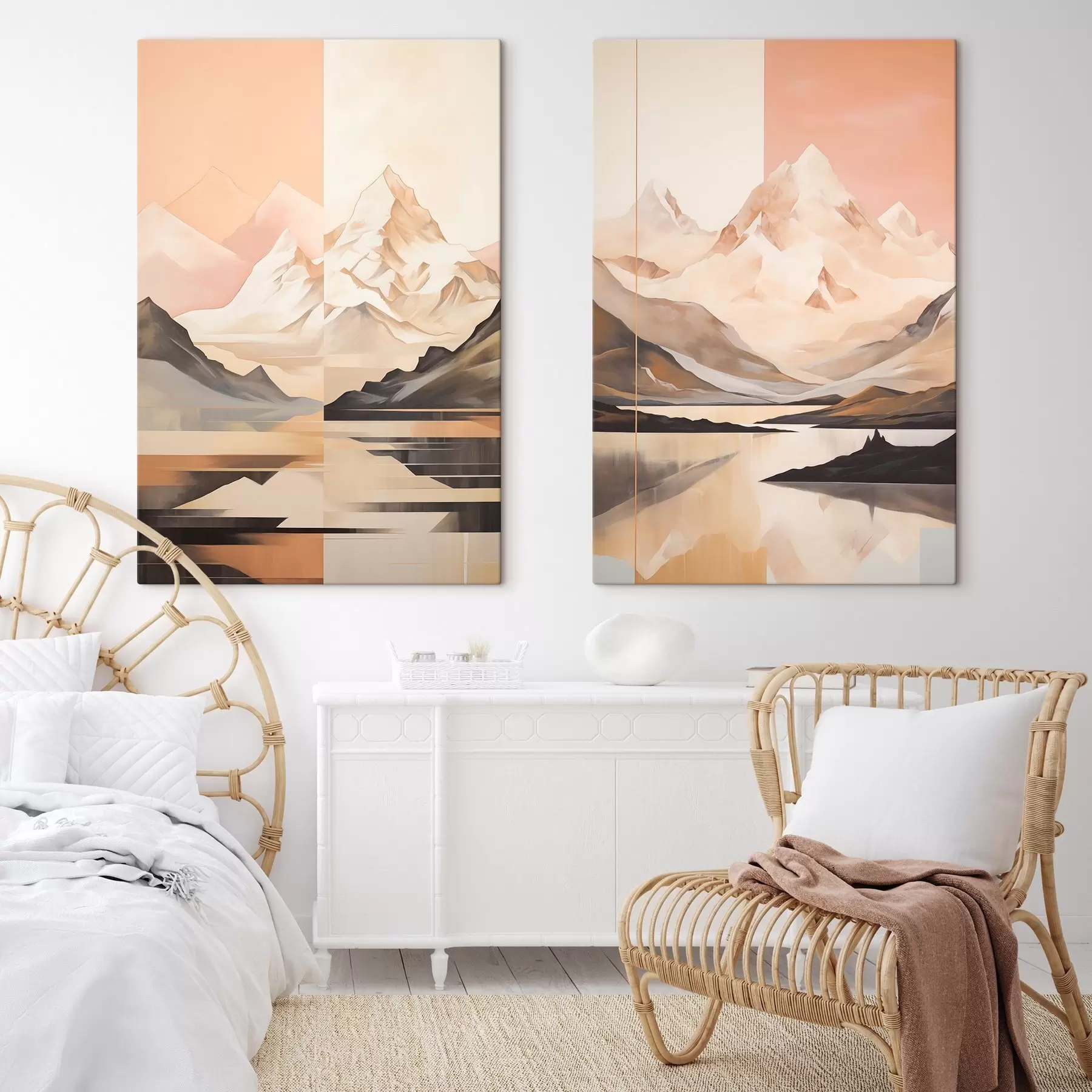 Paveikslėlis Abstraktus peizažas su kalnais ir ežeru, pastelinės spalvos, minimalistinis stilius m00830