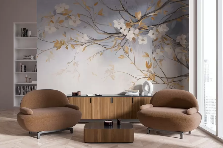 Fototapetai Balta gėlė su oranžiniais lapais ant medžio šakos, šviesiai mėlynas tekstūruotas fonas, subtilūs teptuko potėpiai w09415