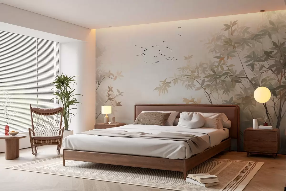 Fototapetai Tekstūruotas peizažas su medžiais ir paukščių pulku, skrendančiu danguje, pastelinės spalvos, gamtos vaizdas  w09418