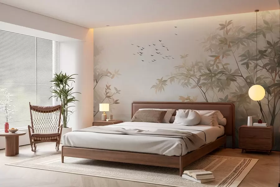 Fototapetai Tekstūruotas peizažas su medžiais ir paukščių pulku, skrendančiu danguje, pastelinės spalvos, gamtos vaizdas  w09418