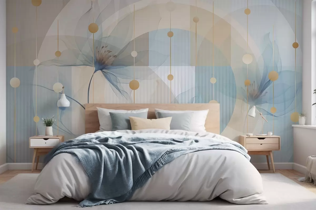 Fototapetai Abstrakčios permatomos gėlės, apskritimai ir geometrinės figūros, pastelinės mėlynos, smėlio ir baltos spalvos paletė w09419