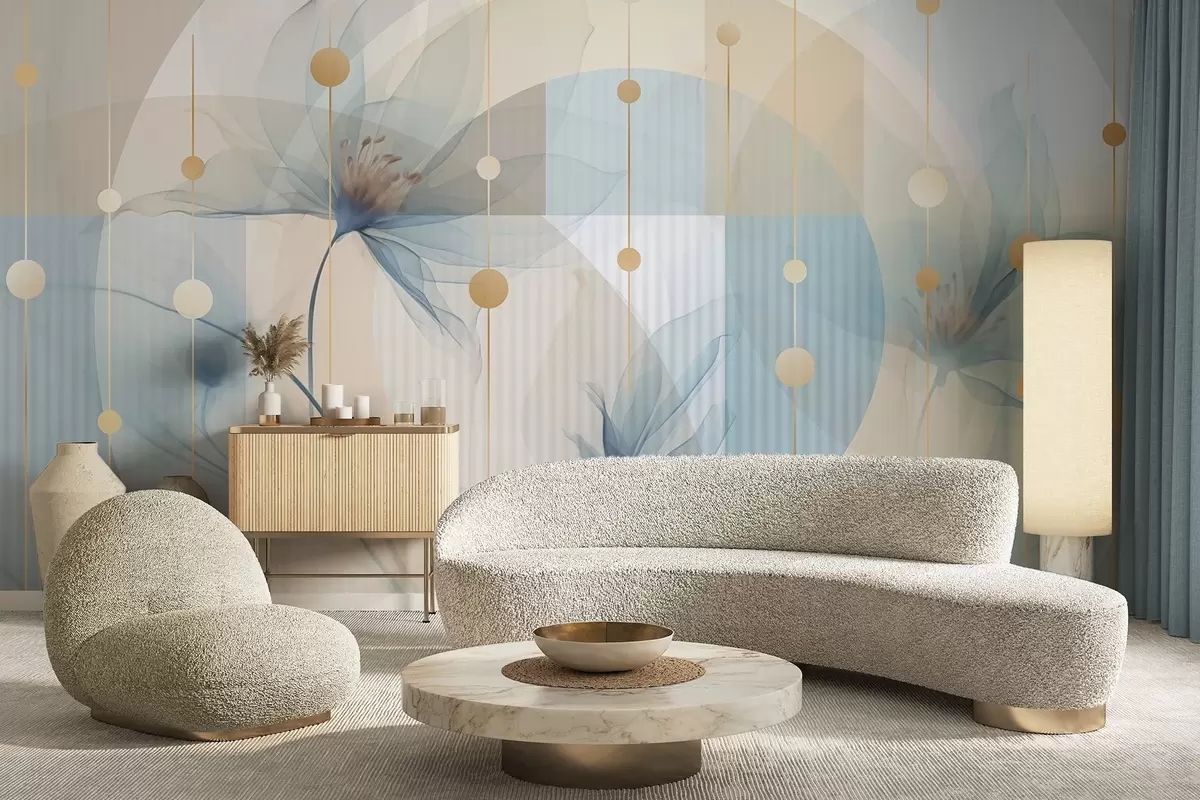 Fototapetai Abstrakčios permatomos gėlės, apskritimai ir geometrinės figūros, pastelinės mėlynos, smėlio ir baltos spalvos paletė w09419