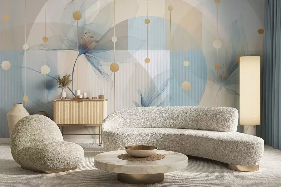 Fototapetai Abstrakčios permatomos gėlės, apskritimai ir geometrinės figūros, pastelinės mėlynos, smėlio ir baltos spalvos paletė w09419