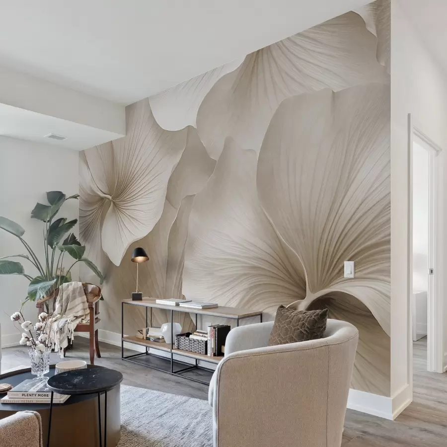 Fototapetai Baltai ir smėlio spalvos ginkgo lapai, minkšta tekstūra, abstraktus gėlių fonas, minimalistinis modernus stilius w09421v1