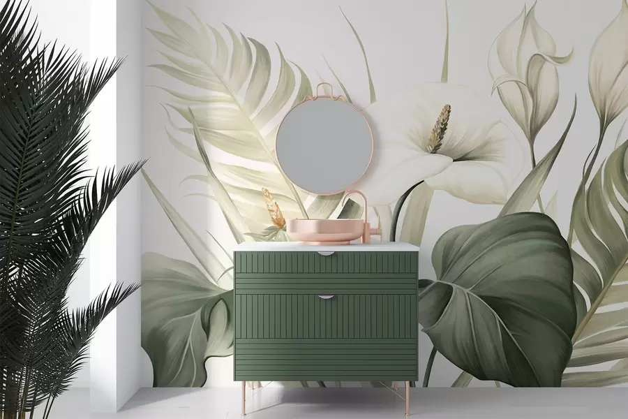 Fototapetai Balta kalė ir žali tropiniai lapai, botaninė iliustracija, šviesus fonas, vintage stilius, tekstūruotas w09423