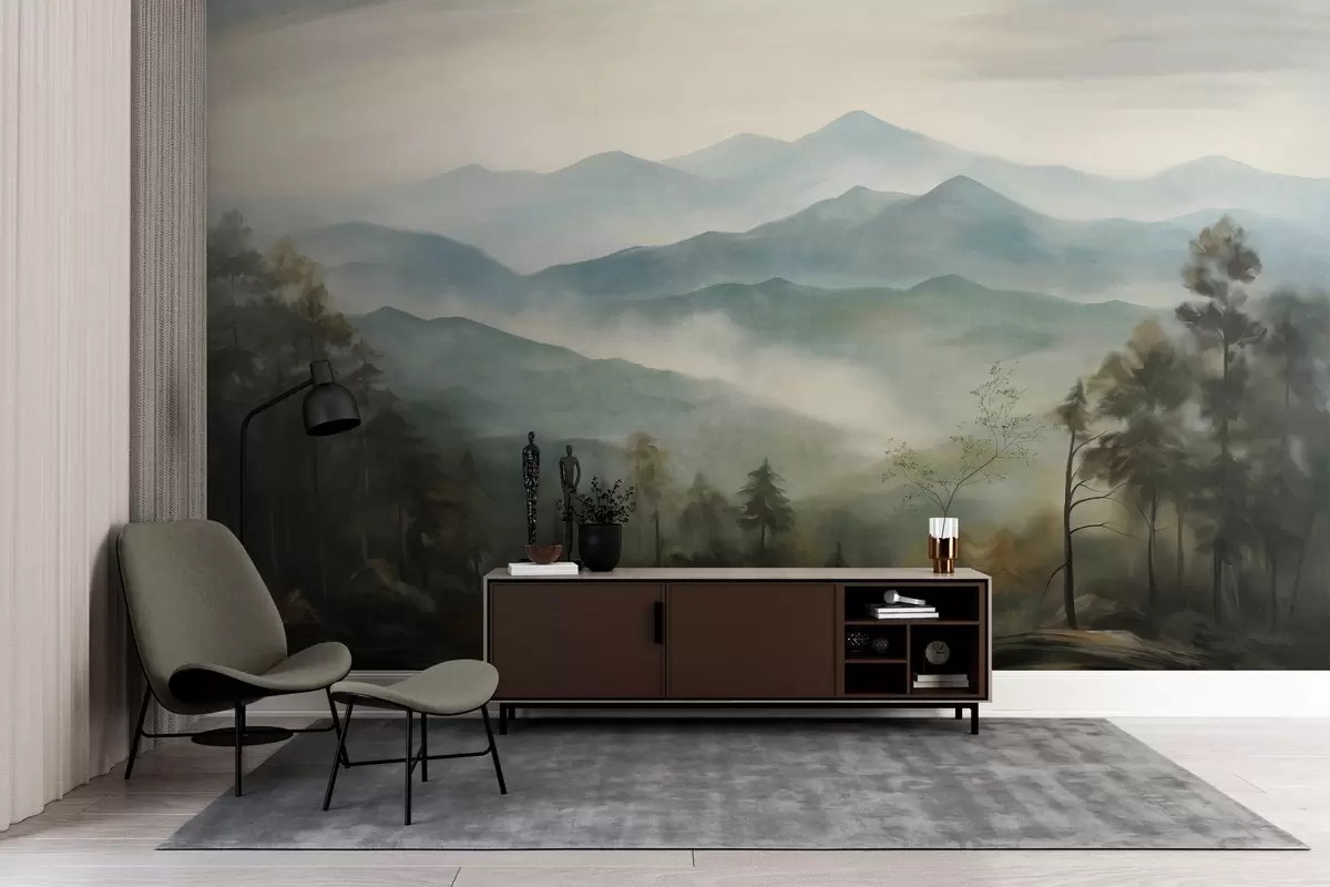 Fototapetai Rūko apgaubta kalnų grandinė su medžiais, rūkas, debesuotas dangus, prislopintos spalvos, peizažo tapybos stilius w09424