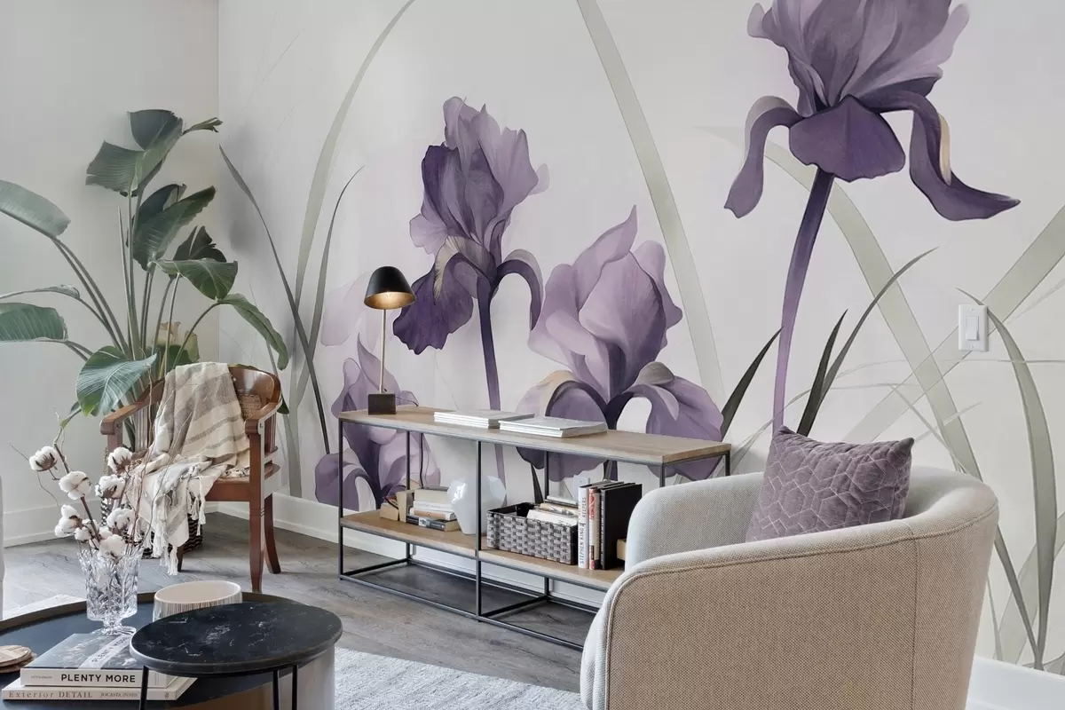 Fototapetai Purpurinės vilkdalgės su žaliais stiebais, akvarelės stiliaus tapyba, baltas fonas, švelnios spalvos, elegantiškos, meniškos w09425