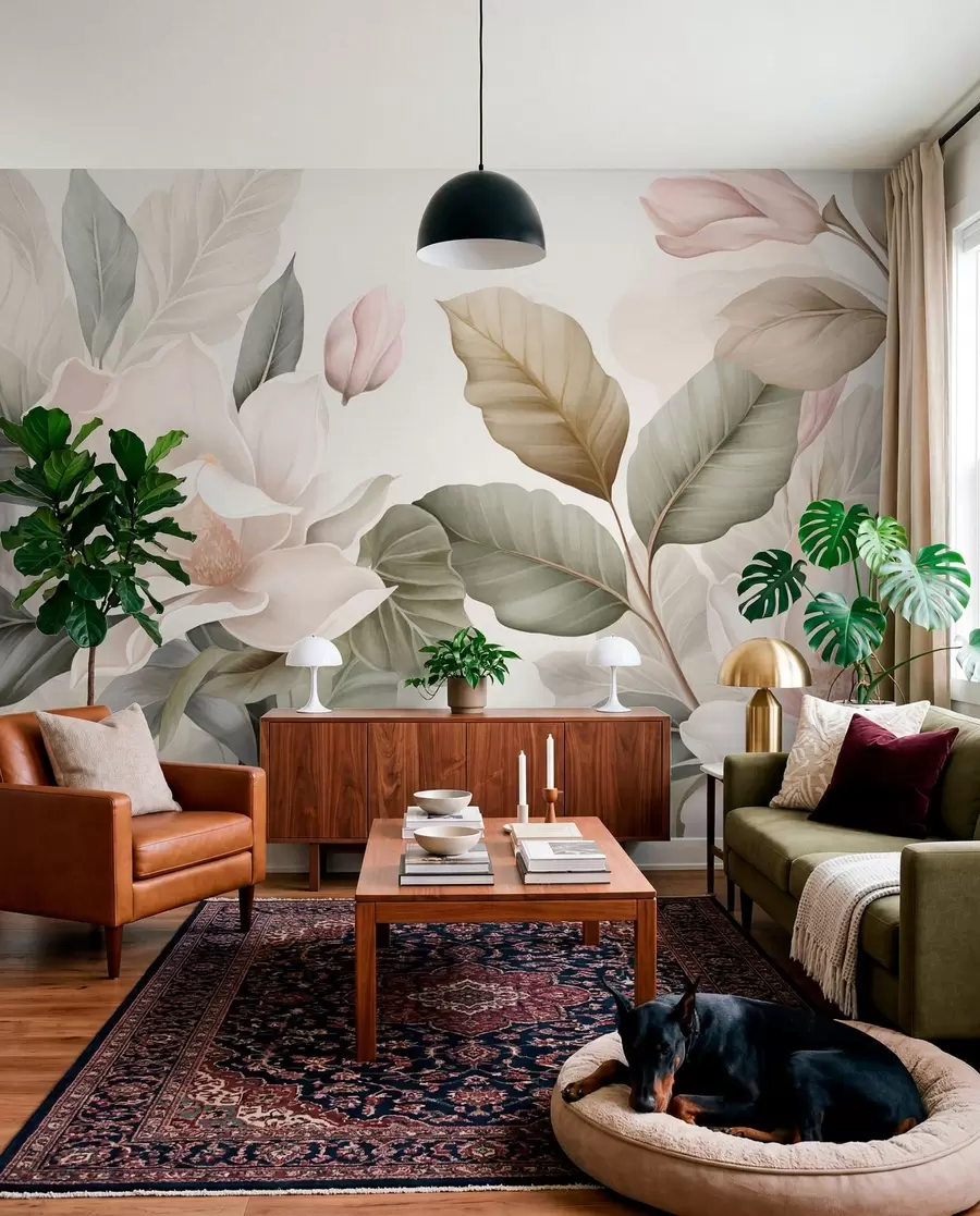 Fototapetai Magnolijos žiedai su pastelinės spalvos, baltos, rožinės ir žalios spalvos lapais, švelnūs, subtilūs, akvarelės stiliaus w09427