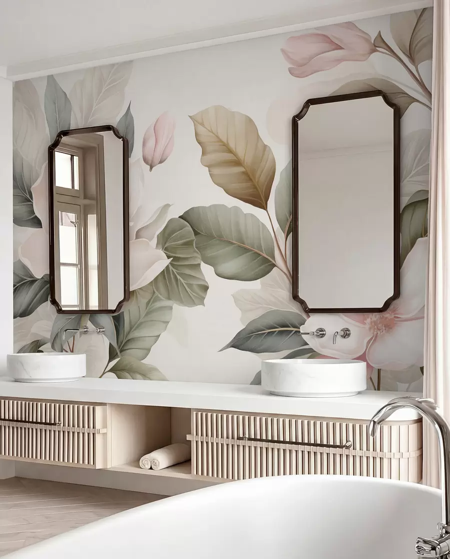 Fototapetai Magnolijos žiedai su pastelinės spalvos, baltos, rožinės ir žalios spalvos lapais, švelnūs, subtilūs, akvarelės stiliaus w09427