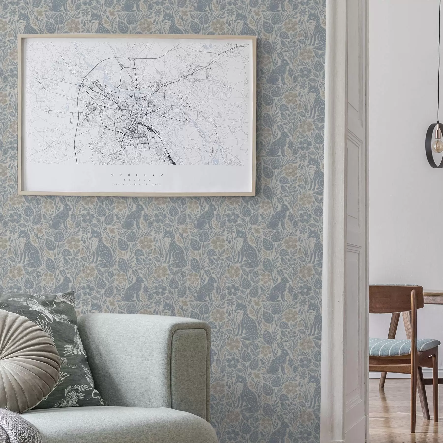 Fototapetai Miško gyvūnai ir gėlės: lapė ir kiškis mėlynų atspalvių a00613