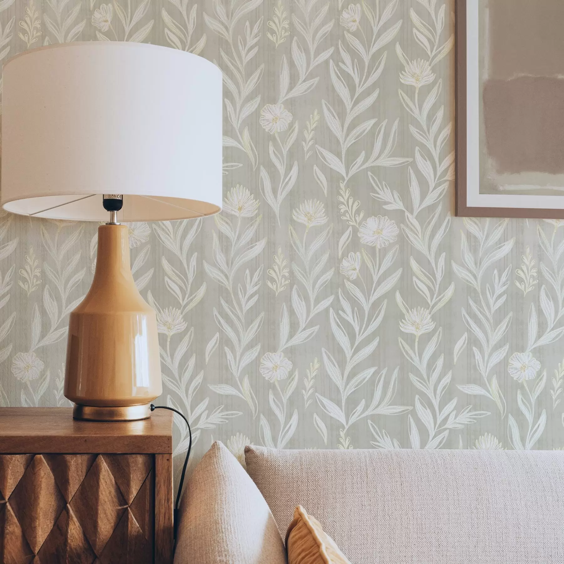 Fototapetai Šviesios žolės ir gėlės ant smėlio spalvos, eskiziškos linijos a00618