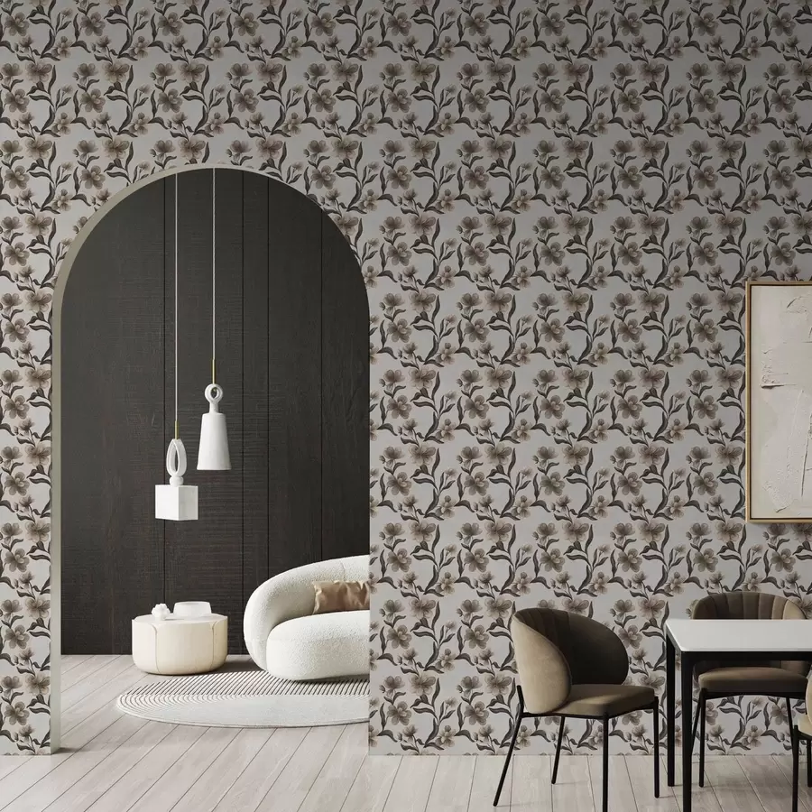 Fototapetai Smėlio spalvos gėlės ir tamsūs šakos ant šviesiai pilko fono a00626v1