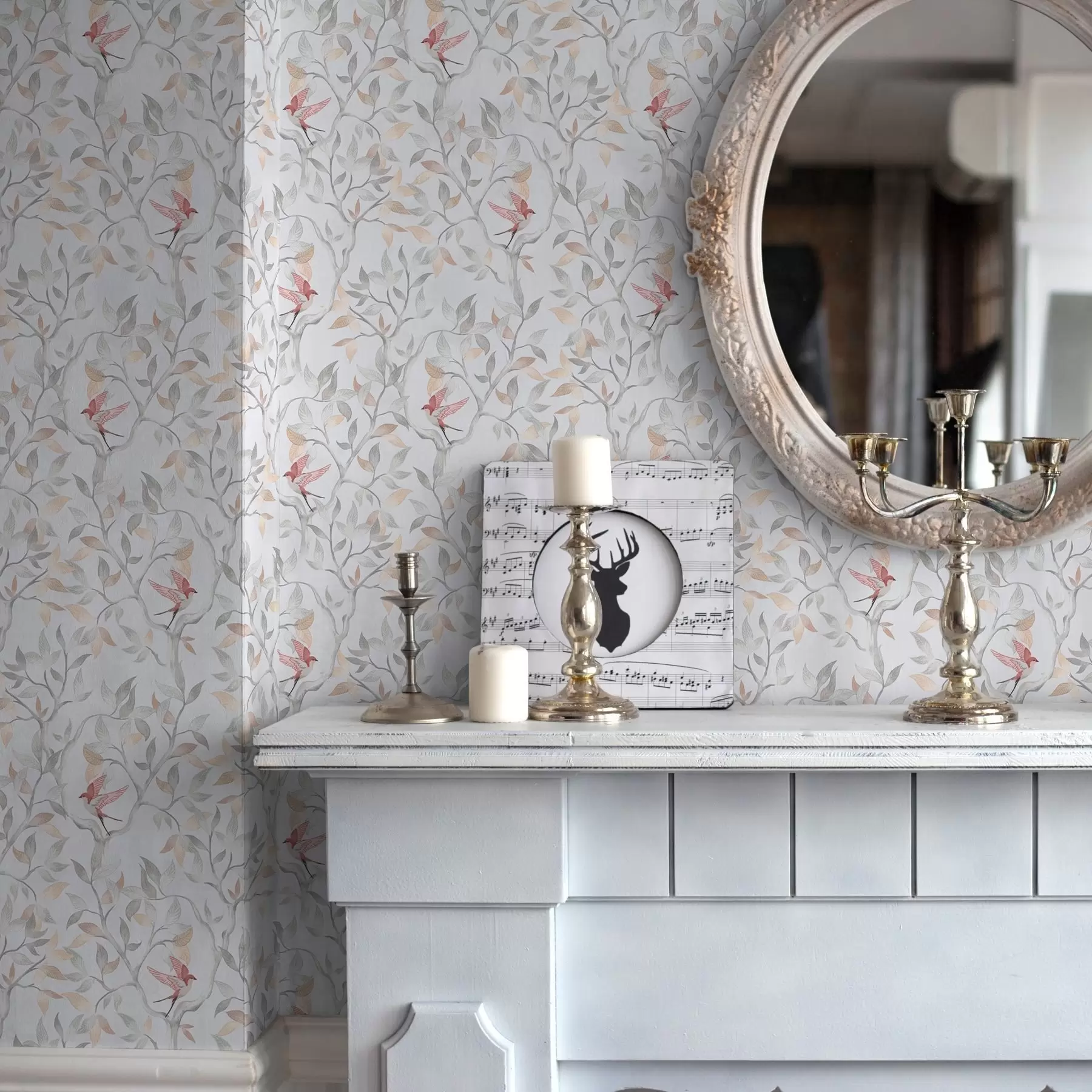 Fototapetai Šviesios šakos su lapais ir paukščiais persikų atspalviais a00716