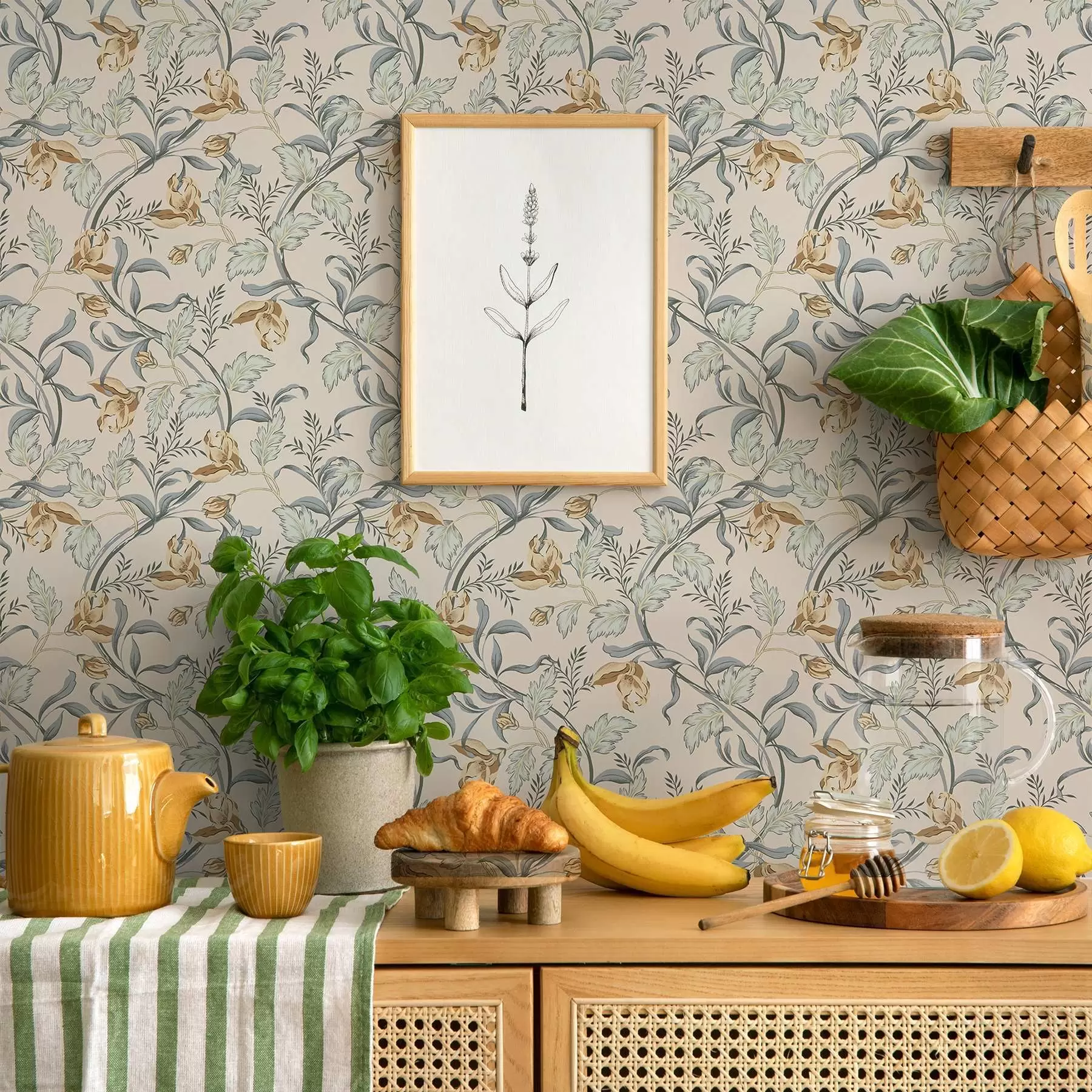 Fototapetai Vintage gėlės su mėlynais lapais ant kreminės spalvos fono a00717