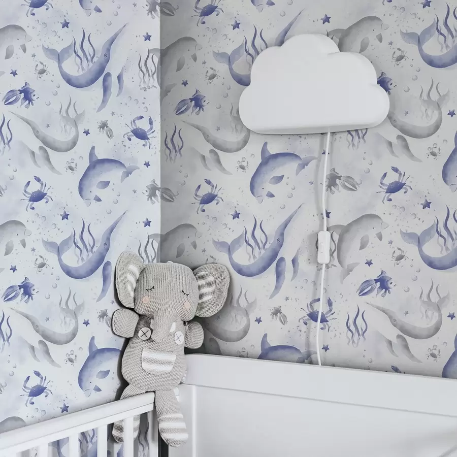 Fototapetai Jūros banginiai ir delfinai mėlynų atspalvių ant balto fono a00720v1