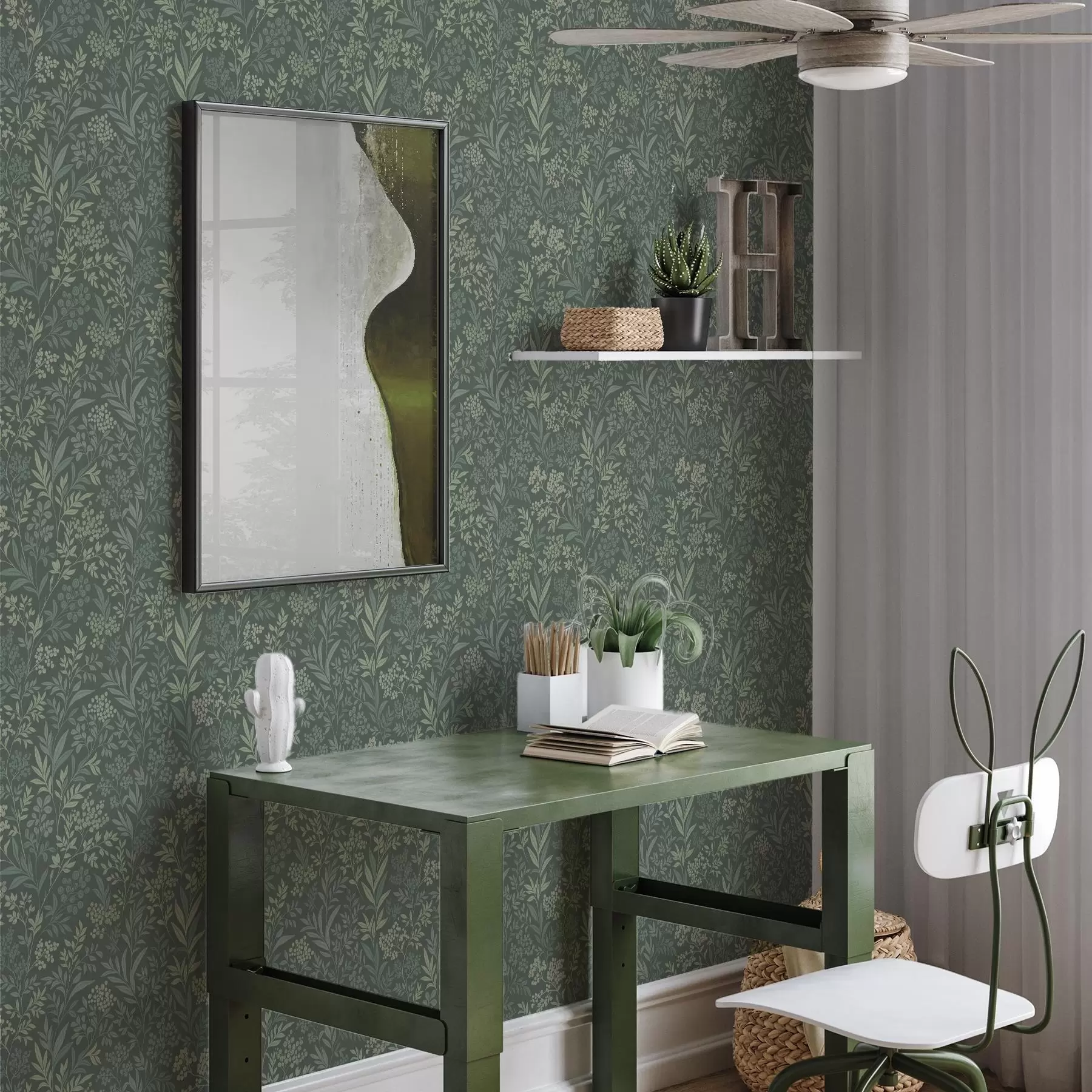 Fototapetai Smaragdinės žolės ir uogos, subtilus botaninis raštas a00740