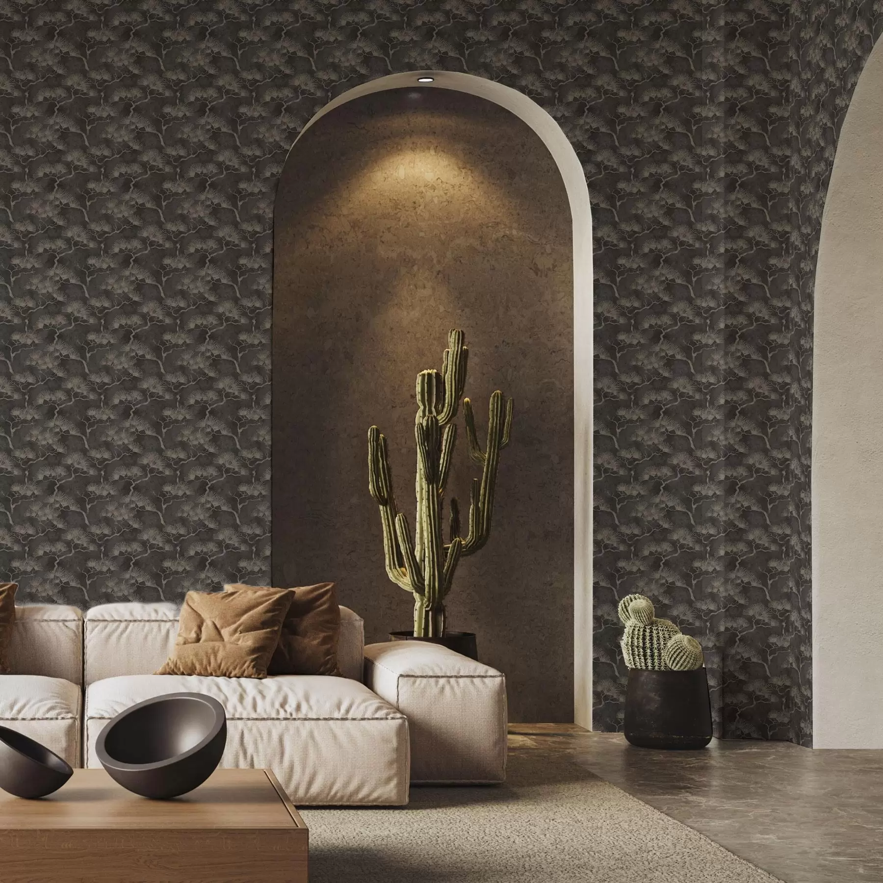 Fototapetai Pušų siluetai tamsiame fone, rūko tekstūra a00742