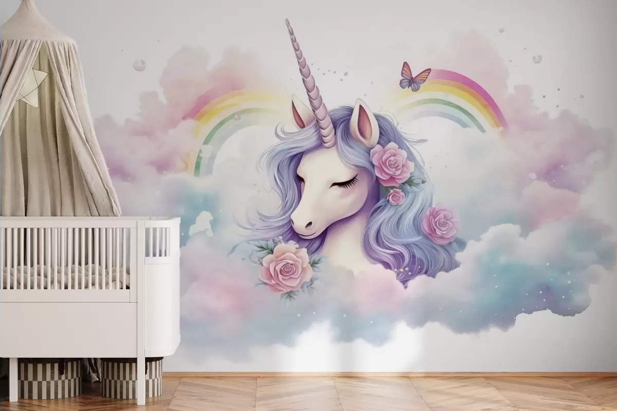 Fototapetai Pastelinis vienaragis debesyse su vaivorykšte ir rožėmis w03990