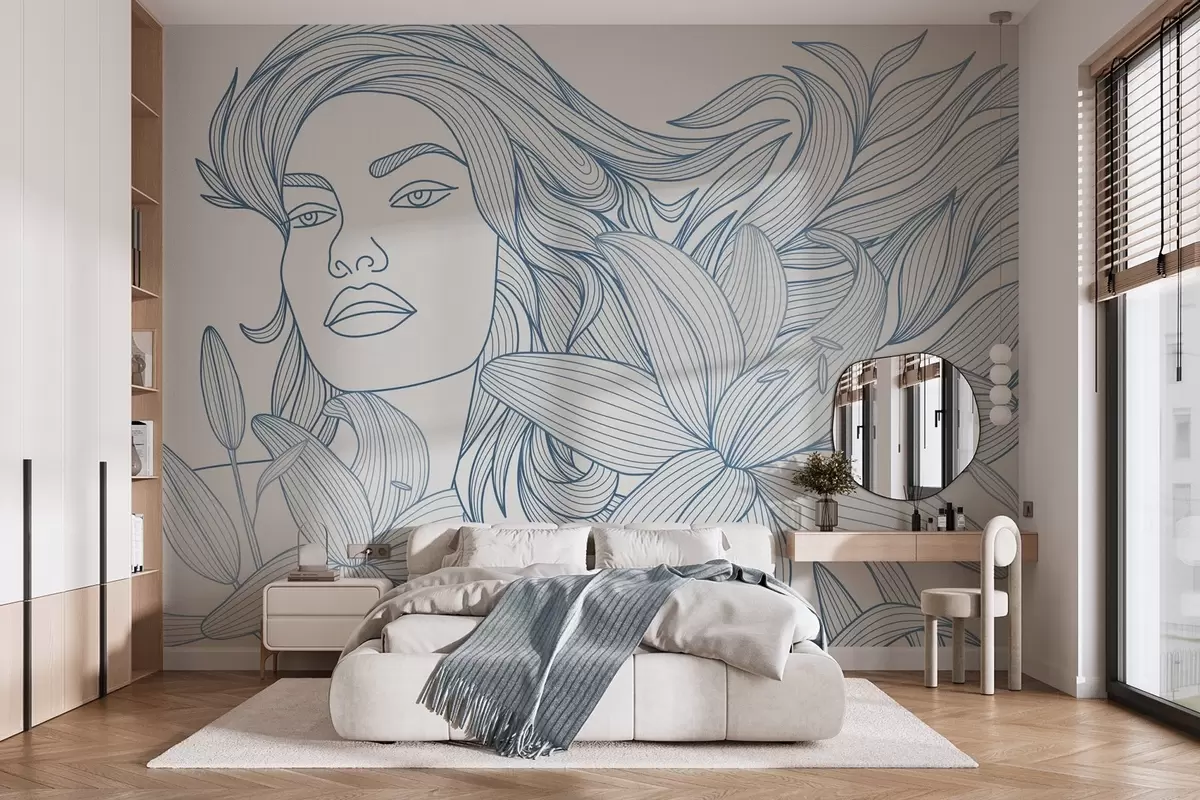 Fototapetai Merginos portretas tarp mėlynų lelijų atspalvių w04689v2