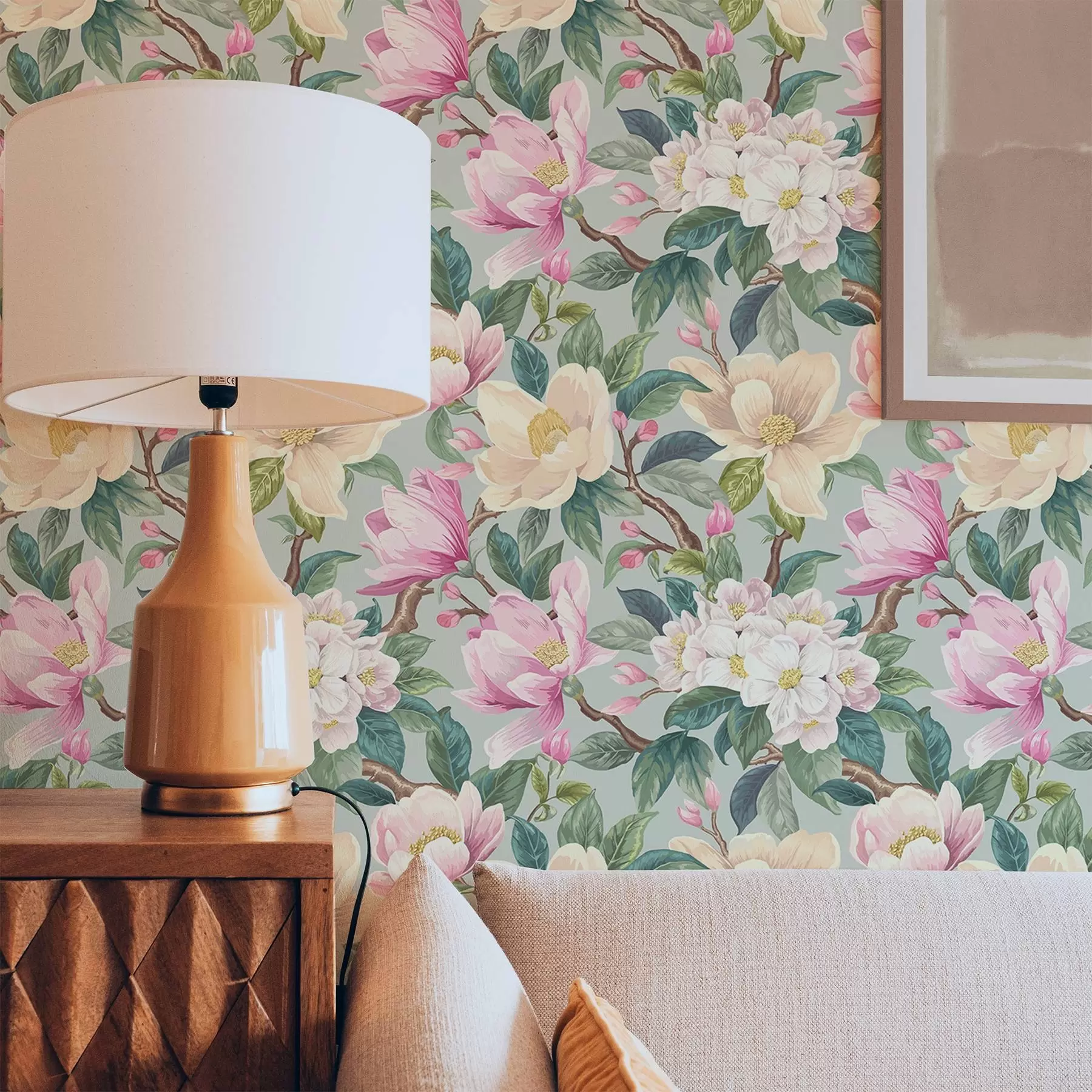 Fototapetai Magnolijos ir balti žiedai ant mėtų pilkos spalvos fono a00644