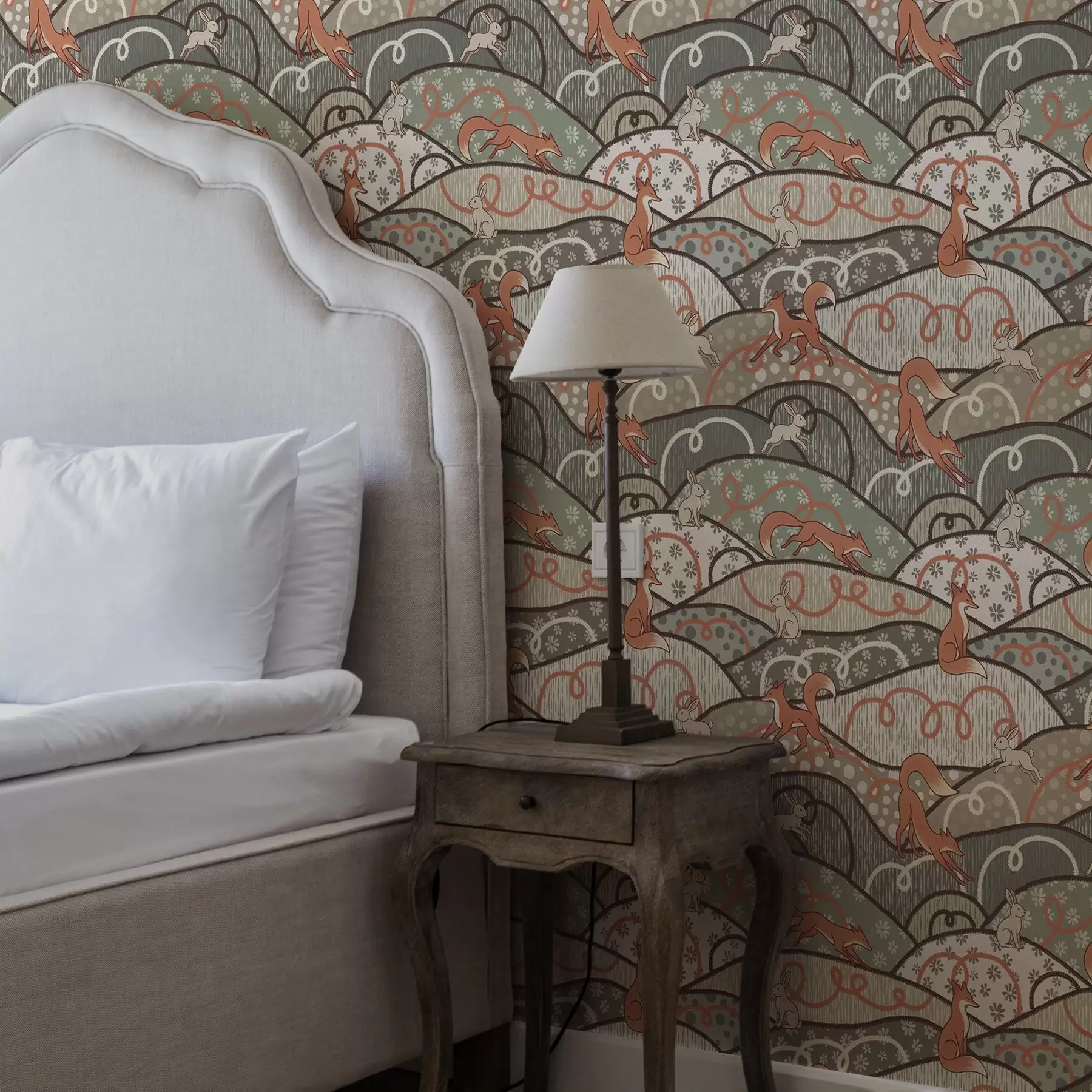 Fototapetai Lapės ir kiškiai ant banguotų kalvų, retro raštas a00690