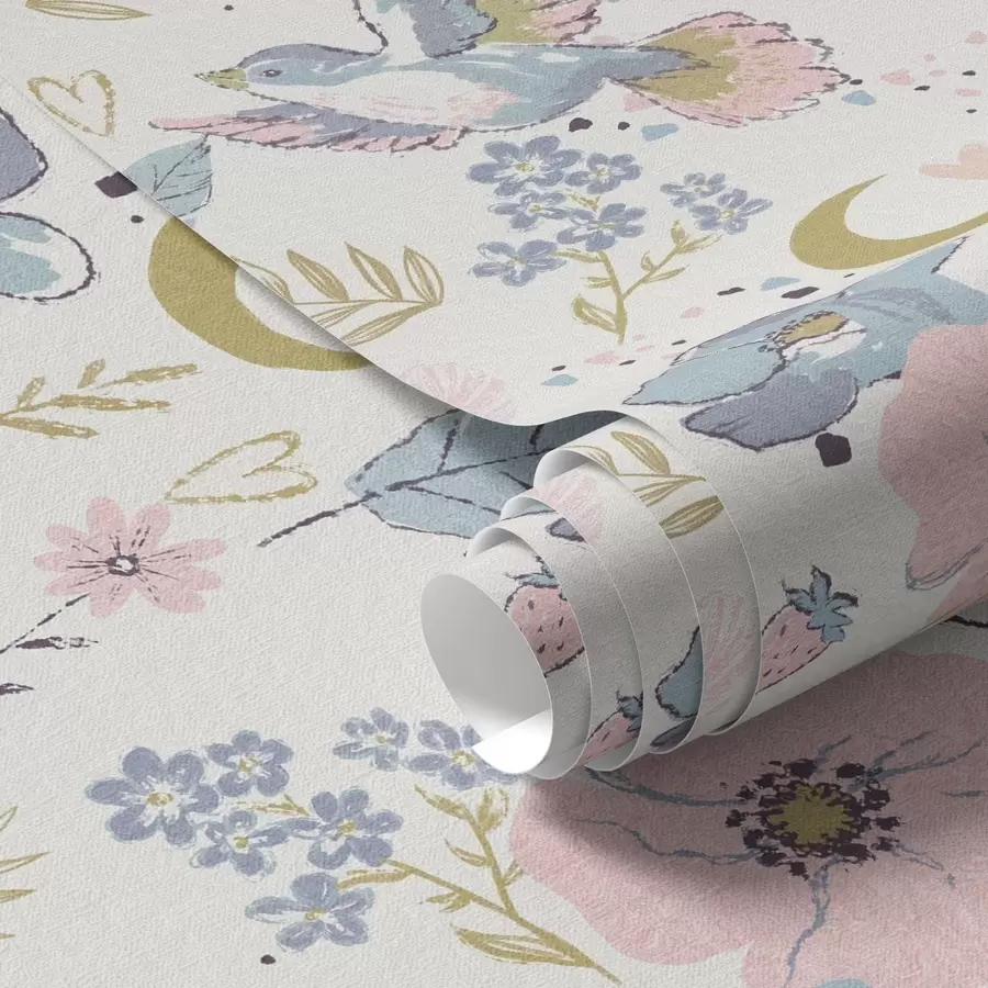 Fototapetai Pastelinės spalvos paukščiai ir gėlės su pusmėnuliais ant balto fono a00721