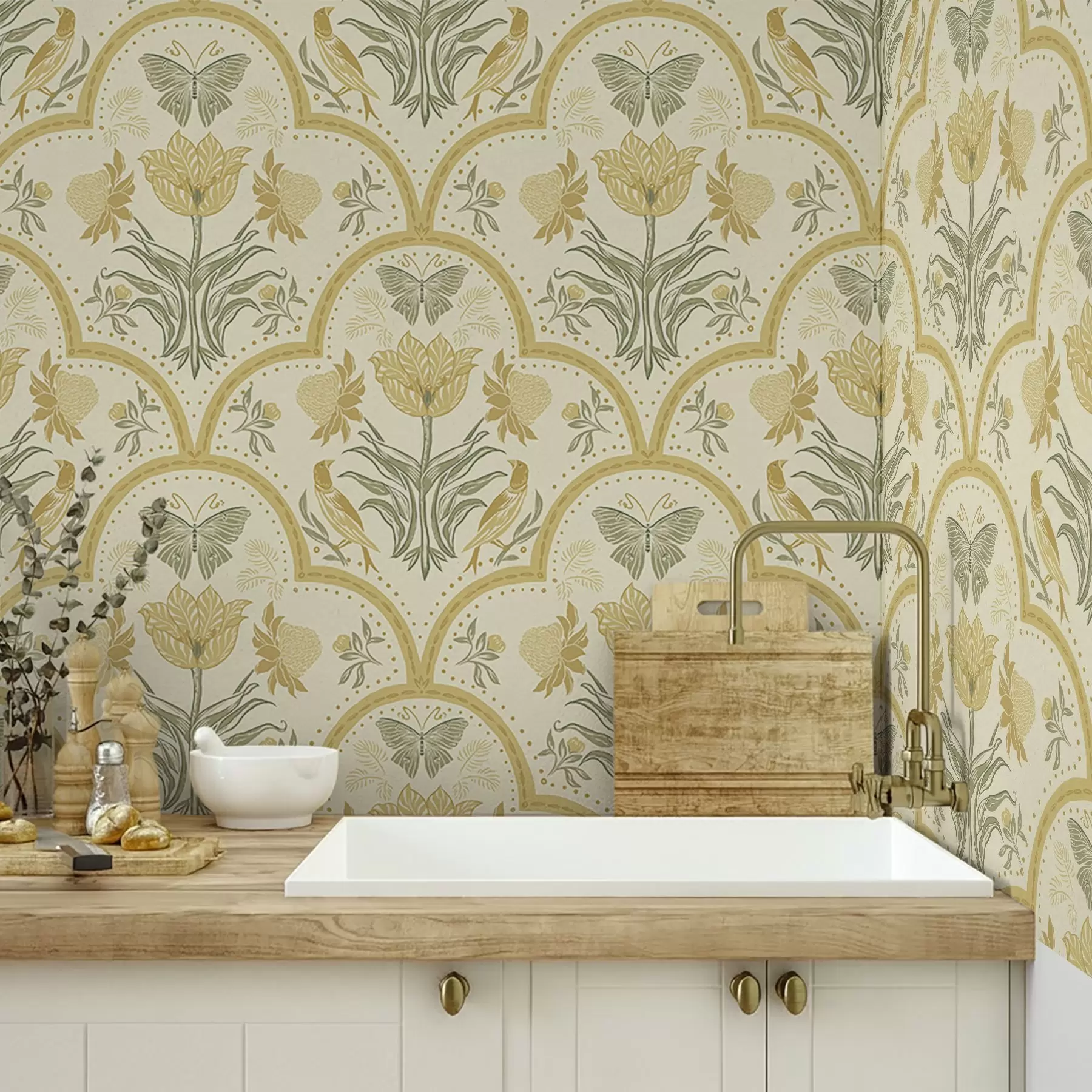 Fototapetai Ornamentas su tulpėmis, paukščiais ir drugeliais, ochra a00722