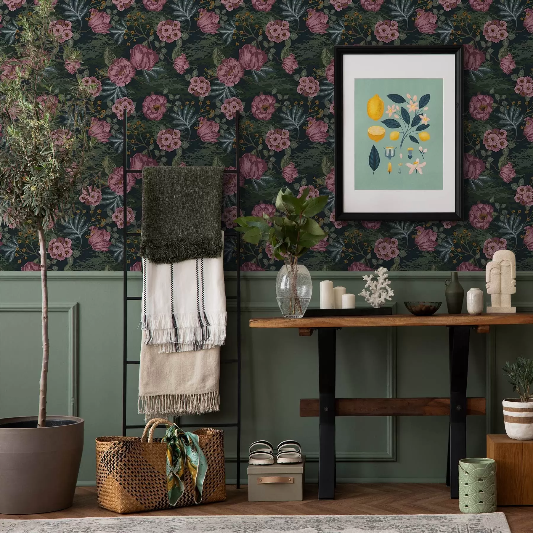 Fototapetai Tamsus augalija su rožiniais žiedais ir lapais, tamsus fonas a00724