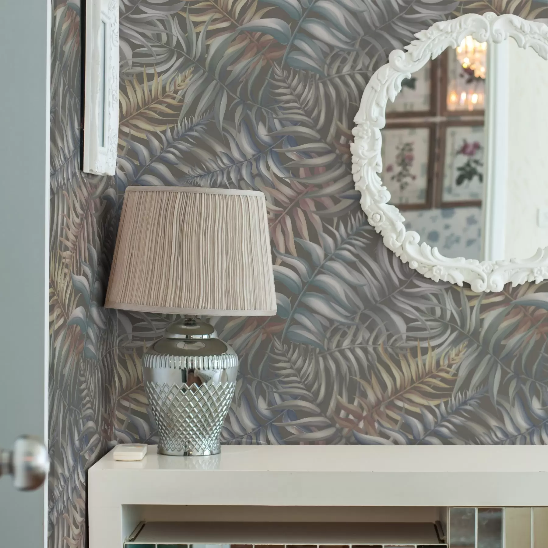 Fototapetai Sluoksniuoti palmių lapai prislopintų atspalvių a00789