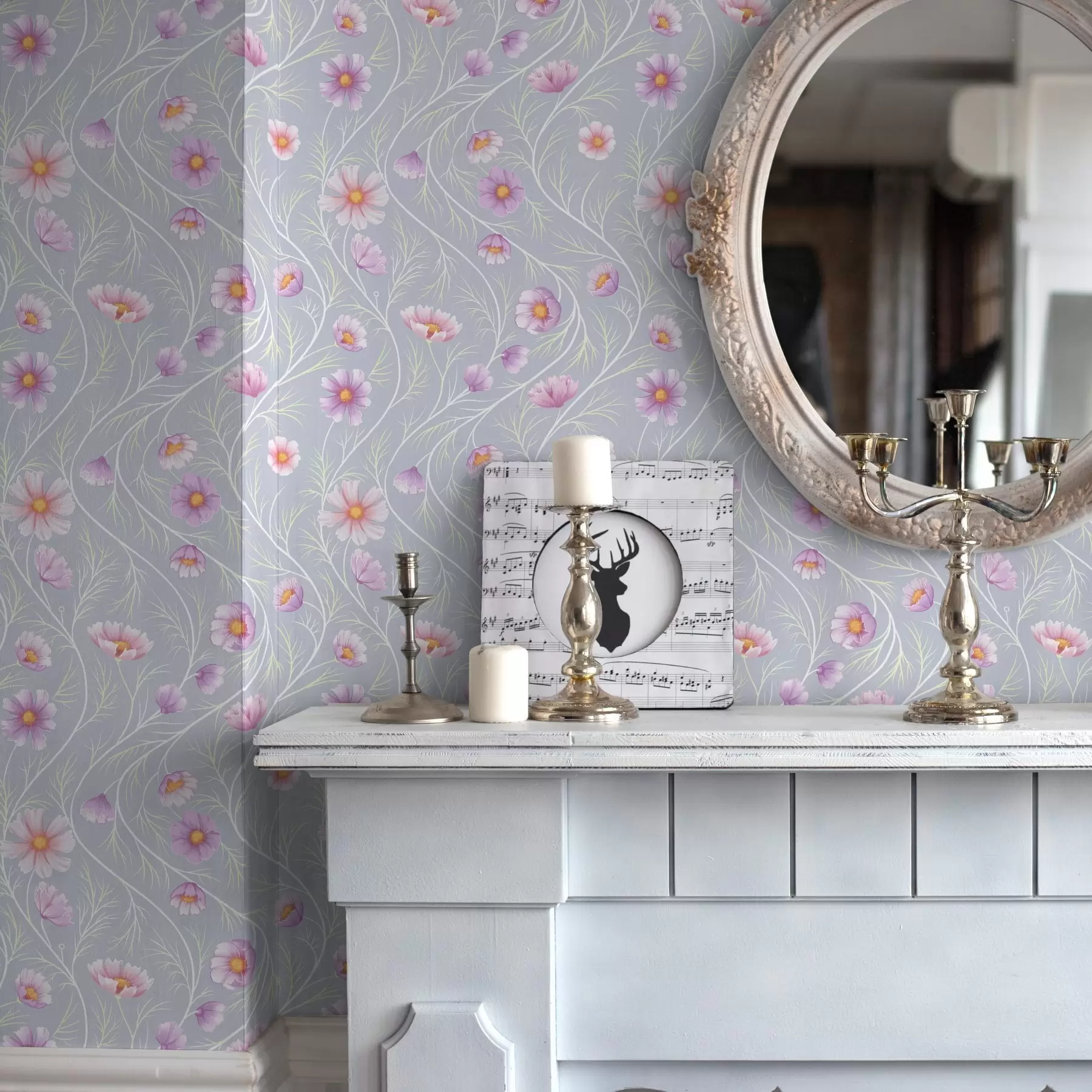 Fototapetai Rožiniai kosmosai ir liekni stiebai ant pilko fono a00791