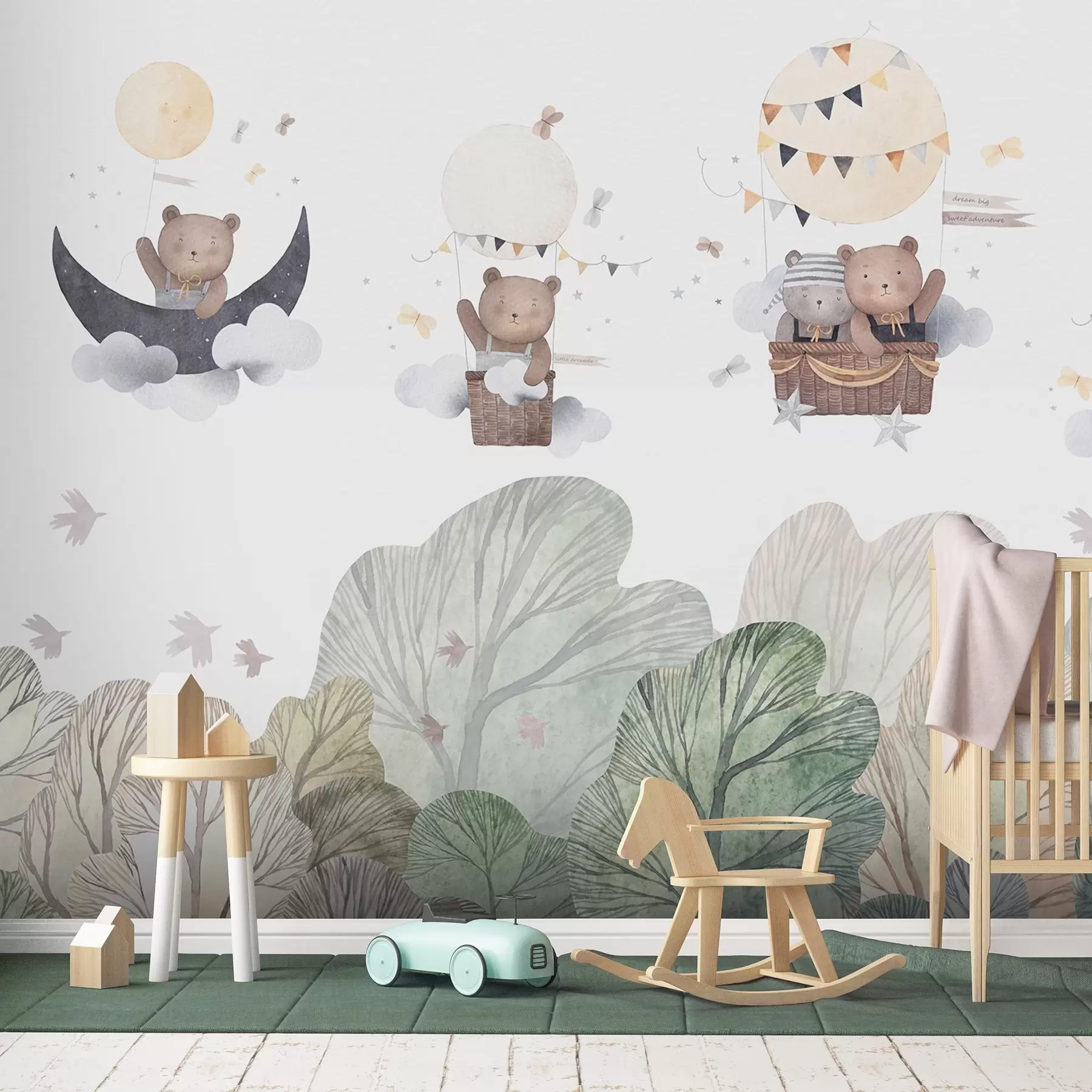 Fototapetai Akrilo dažais tapyti balionai su meškomis virš miško w09437