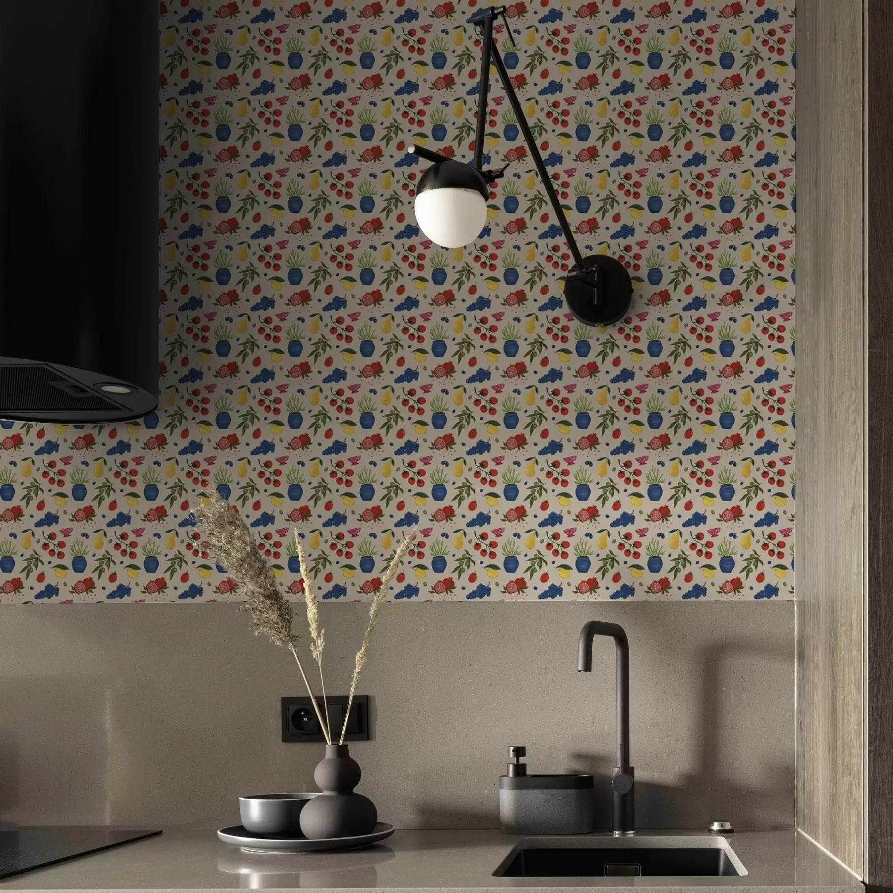 Fototapetai Ryškus raštas su vaisiais, šakomis ir vazomis a00637