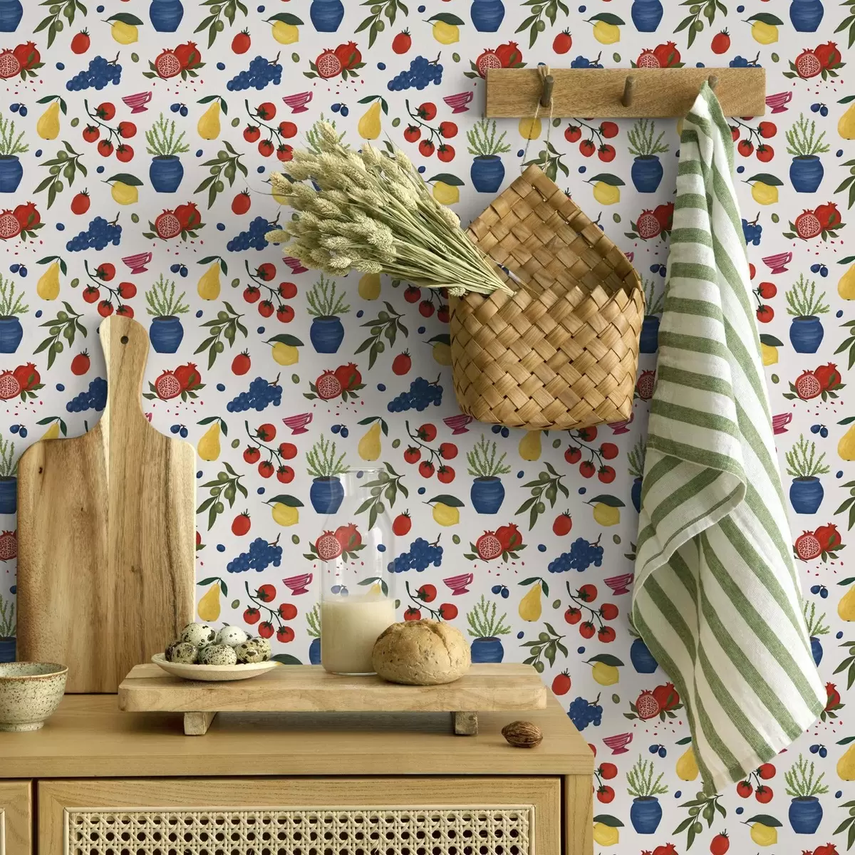 Tapetai Ryškus vaisių ir augalų raštas ant balto fono a00637v1 Tapetai Ryškus vaisių ir augalų raštas ant balto fono a00637v1