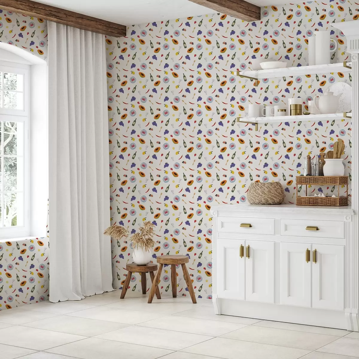 Tapetai Išdėstyti vaisiai, vynas ir prieskoniai ant šviesaus fono a00639 Tapetai Išdėstyti vaisiai, vynas ir prieskoniai ant šviesaus fono a00639