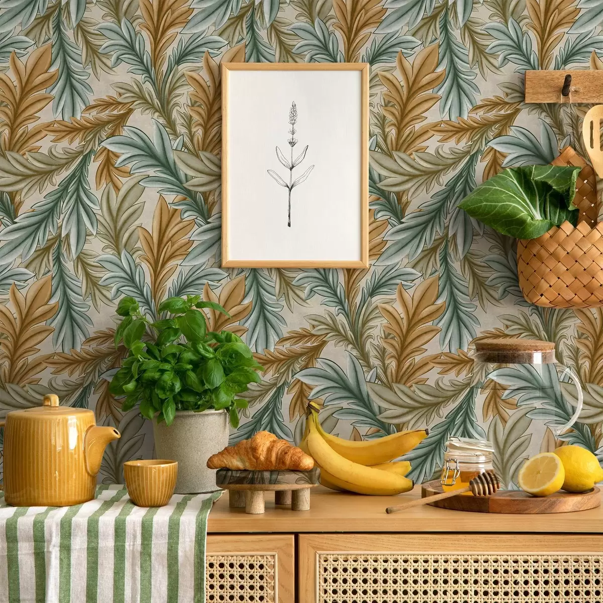 Tapetai Dekoratyviniai lapai šiltos ochros ir žalios spalvų paletės a00673 Tapetai Dekoratyviniai lapai šiltos ochros ir žalios spalvų paletės a00673